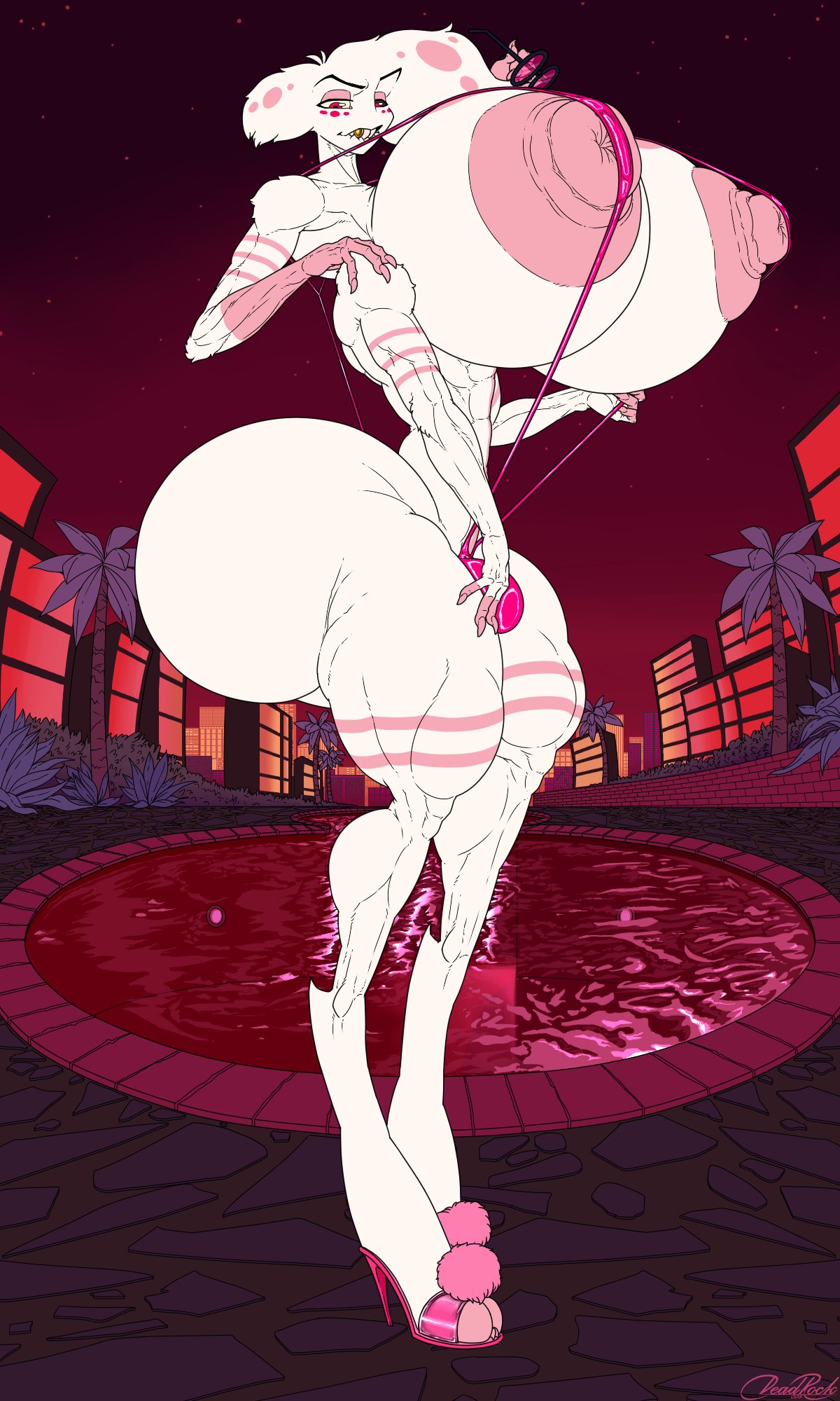 4 arms, 8 eyes, abs, angel dust (hazbin hotel), ass, biting own lip, breasts, busty male, cityscape, deadrock005, detailed background, futanari, gay, glasses off, gold tooth, heterochromia, high heels, hind legs, huge areolae, huge ass, huge breasts, huge nipples, intersex, looking at viewer, male, male with breasts, muscles, night sky, pink highlights, pink nipples, pointy fingernails, pointy teeth, poolside, red eyes, rose tinted glasses, sissy, small bulge, string bikini, teeth clenched, thick thighs, toned body, trans, trans woman, white fur, white hair