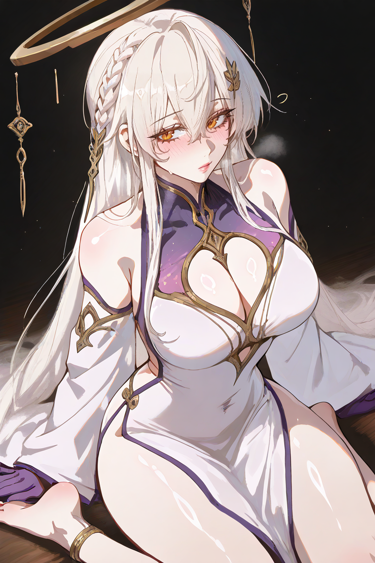 ai ai_art ai_assisted ai_generated big_breasts black_tights divine_slut genshin_impact goddess istaroth_(genshin_impact) white_dress white_hair