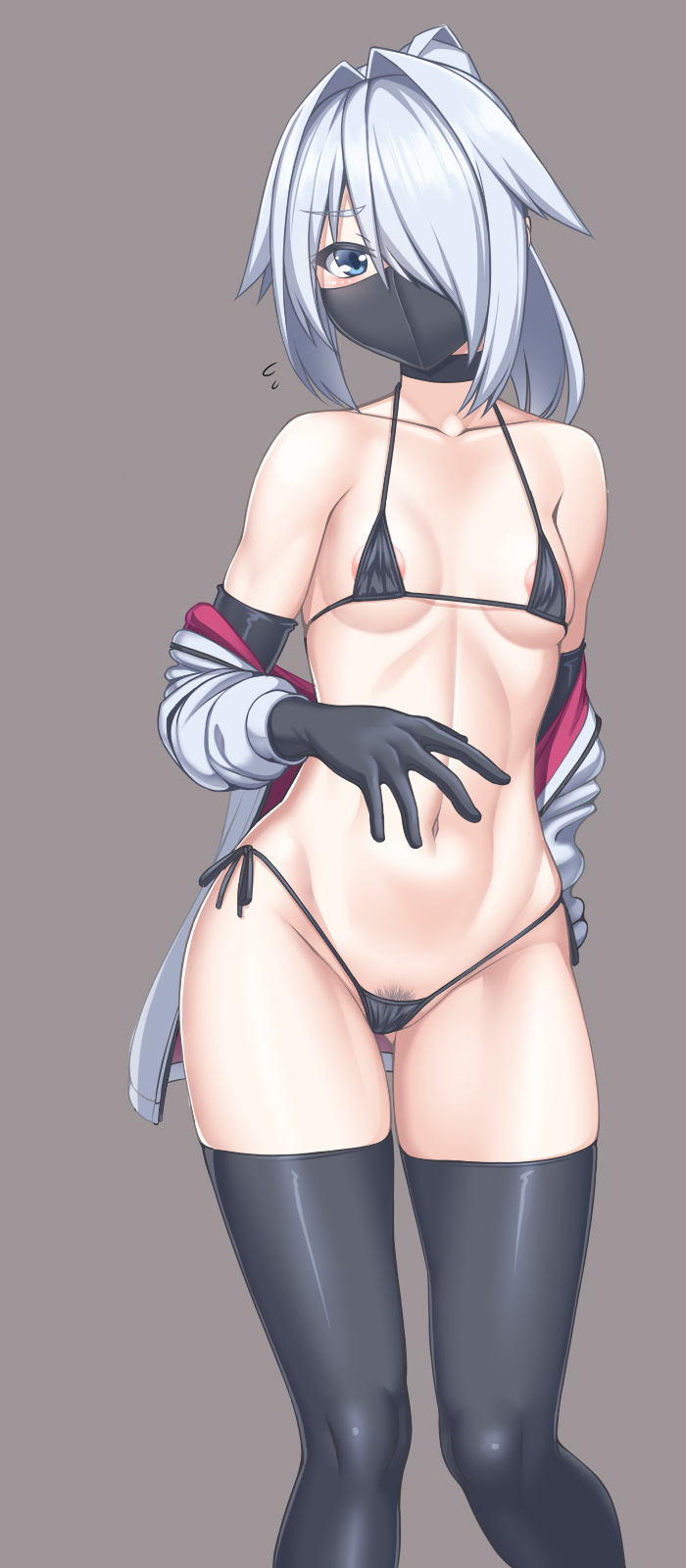 areola_slip bare_shoulders bikini black_bikini black_choker black_gloves black_mask black_thighhighs blue_eyes blush breasts choker collarbone covered_erect_nipples elbow_gloves female flying_sweatdrops gloves gluteal_fold grey_background grey_hair groin hair_intakes hair_over_one_eye halterneck highres jacket long_hair looking_at_viewer mask medium_hair micro_bikini mouth_mask multiple_views myouan navel ninja_mask off_shoulder open_clothes open_jacket original ponytail pubic_hair shirakami_itsuki side-tie_bikini_bottom simple_background skindentation small_breasts standing stomach string_bikini sweat swimsuit thighhighs variant_set white_jacket