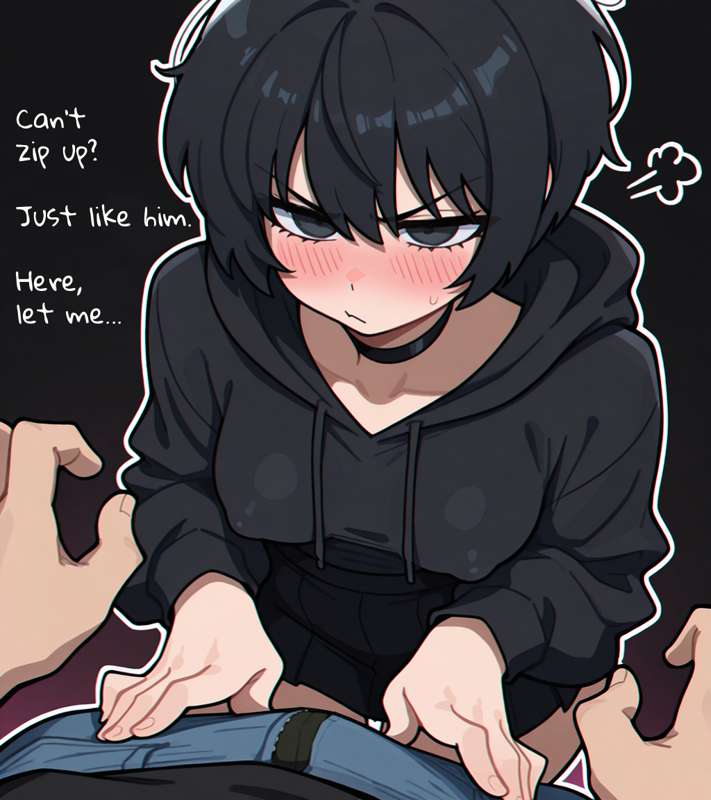 1boy, 1girls, a.mikusa, ai generated, angry face, annoyed, black clothing, black hair, black hoodie, blush, blush lines, breasts, choker, female, male, nipples visible through clothing, petite breasts, petite female, short hair, skirt, tsundere