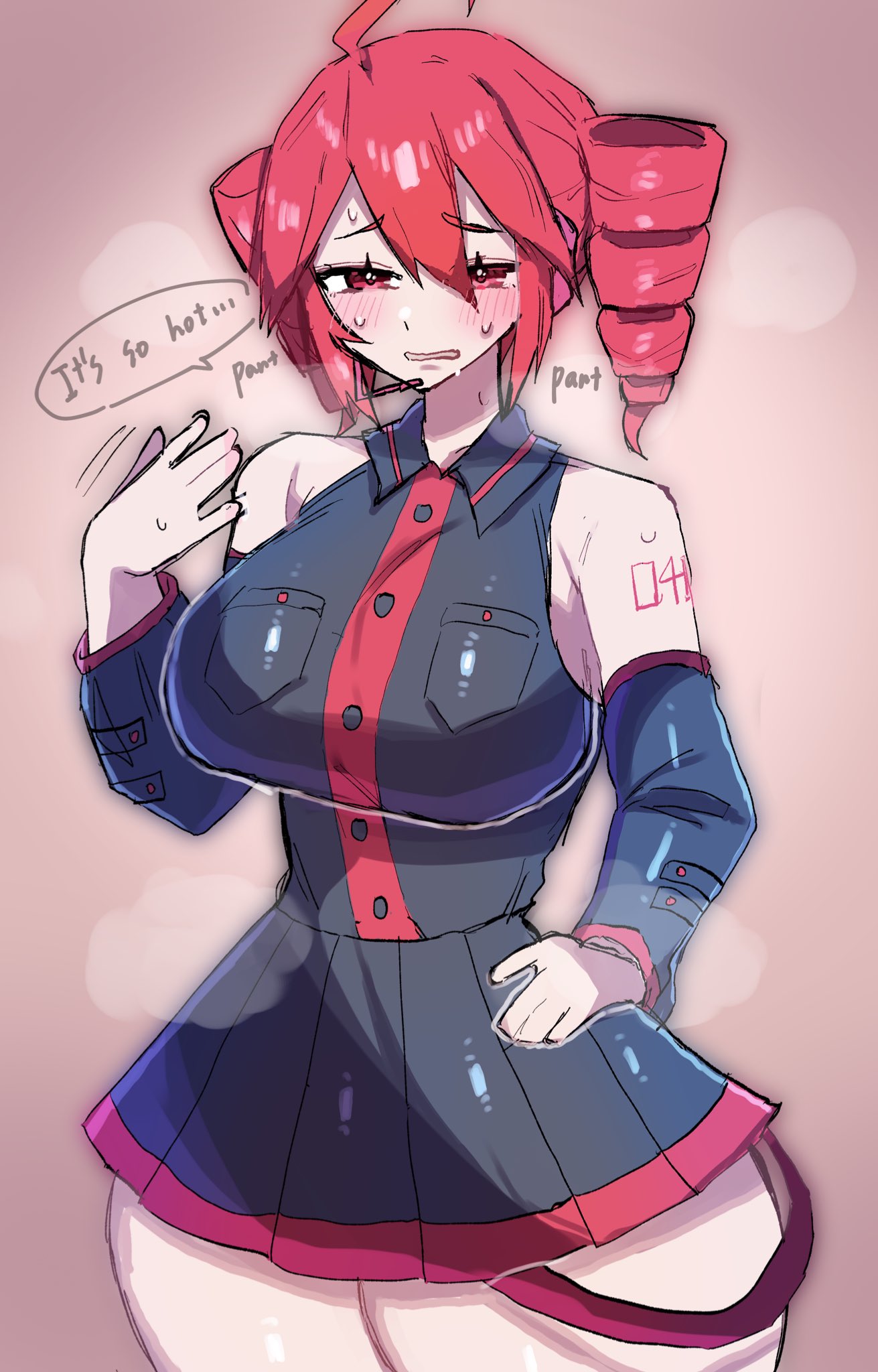 1girls 2d 2d_(artwork) ahoge arm_tattoo big_breasts big_thighs blush blush blush_lines bottom_heavy breasts clothed clothed_female clothing curvaceous curvy curvy_female curvy_figure dore2801 english_text fanning_self female female_only fully_clothed hand_on_hip headgear hourglass_figure huge_breasts huge_thighs kasane_teto large_breasts large_thighs miniskirt panting red_eyes red_hair shiny_skin simple_background skirt slim_waist small_waist solo solo_female steam steaming_body sweat sweating tattoo text thick_thighs thighs twin_drills utau wide_hips