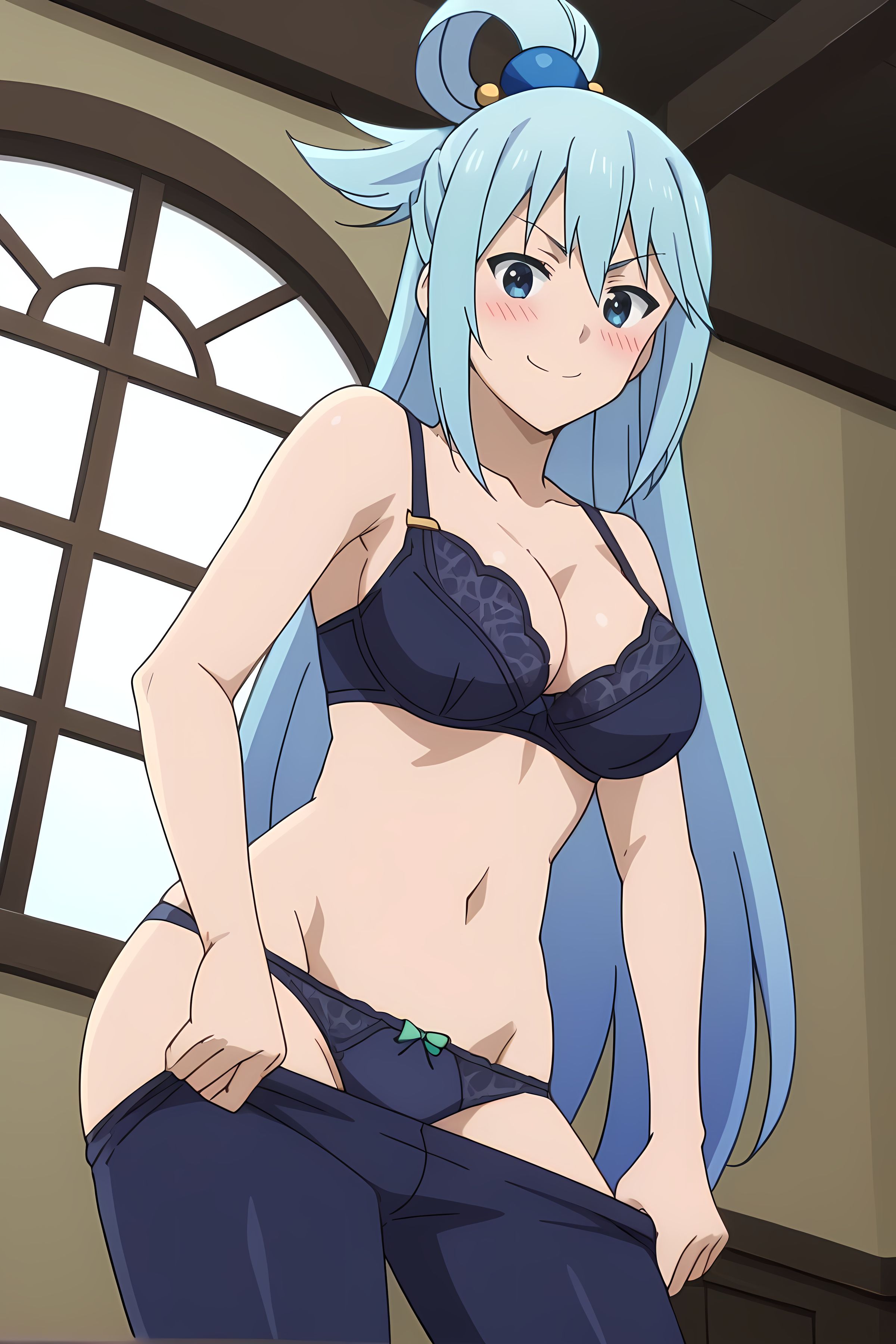 ai generated, alone, aqua (konosuba), bedroom, blue bra, blue leggings, blue panties, blush, bra, female, female focus, female only, front view, kono subarashii sekai ni shukufuku wo!, leggings, leggings down, looking at viewer, panties, pinku.ai, smirk