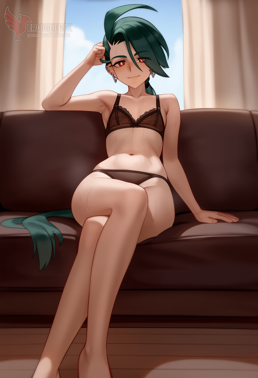 1girls 2d ai_generated ass barefeet big_ass big_breasts bra breasts erophoenix feet female female_focus flat_chest full_body green_hair looking_at_viewer looking_back nude pale_skinned_female panties patreon_username pokemon pokemon_sv rika_(pokemon) small_breasts smile soles solo solo_female sweat thick thick_thighs toes uncensored underwear