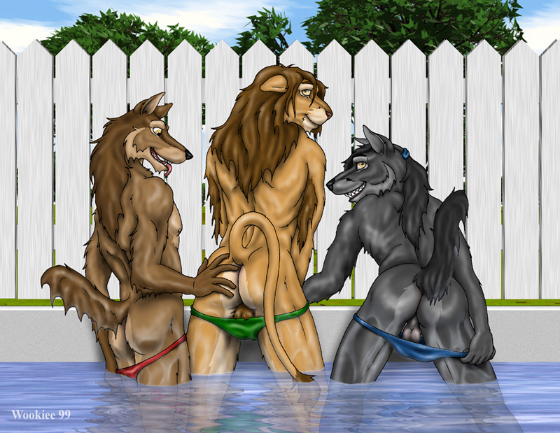 1990s 1999 20th_century anthro ass balls canine fence fur furry furry_only gay grope lion male no_humans raised_tail showing_off speedo swimming_pool tail teasing underwear wolf wooky year