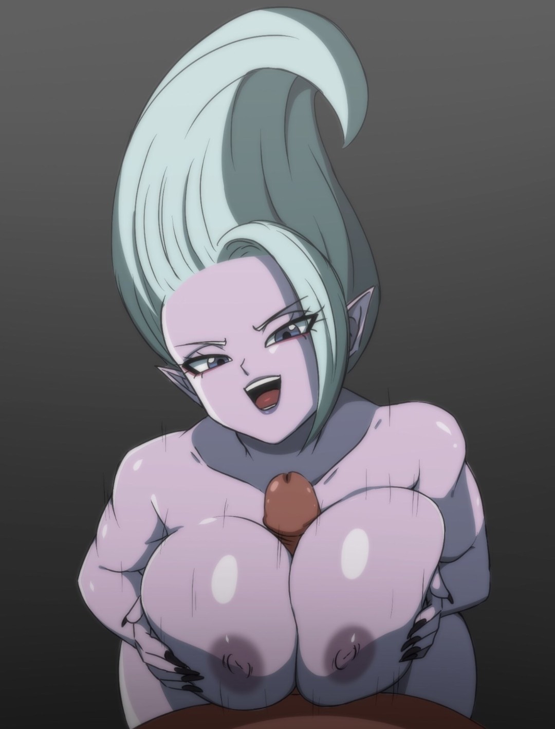 big breasts, blowjob, completely nude, darwaarts, dr. arinsu, dragon ball, dragon ball daima, male, purple body, white hair