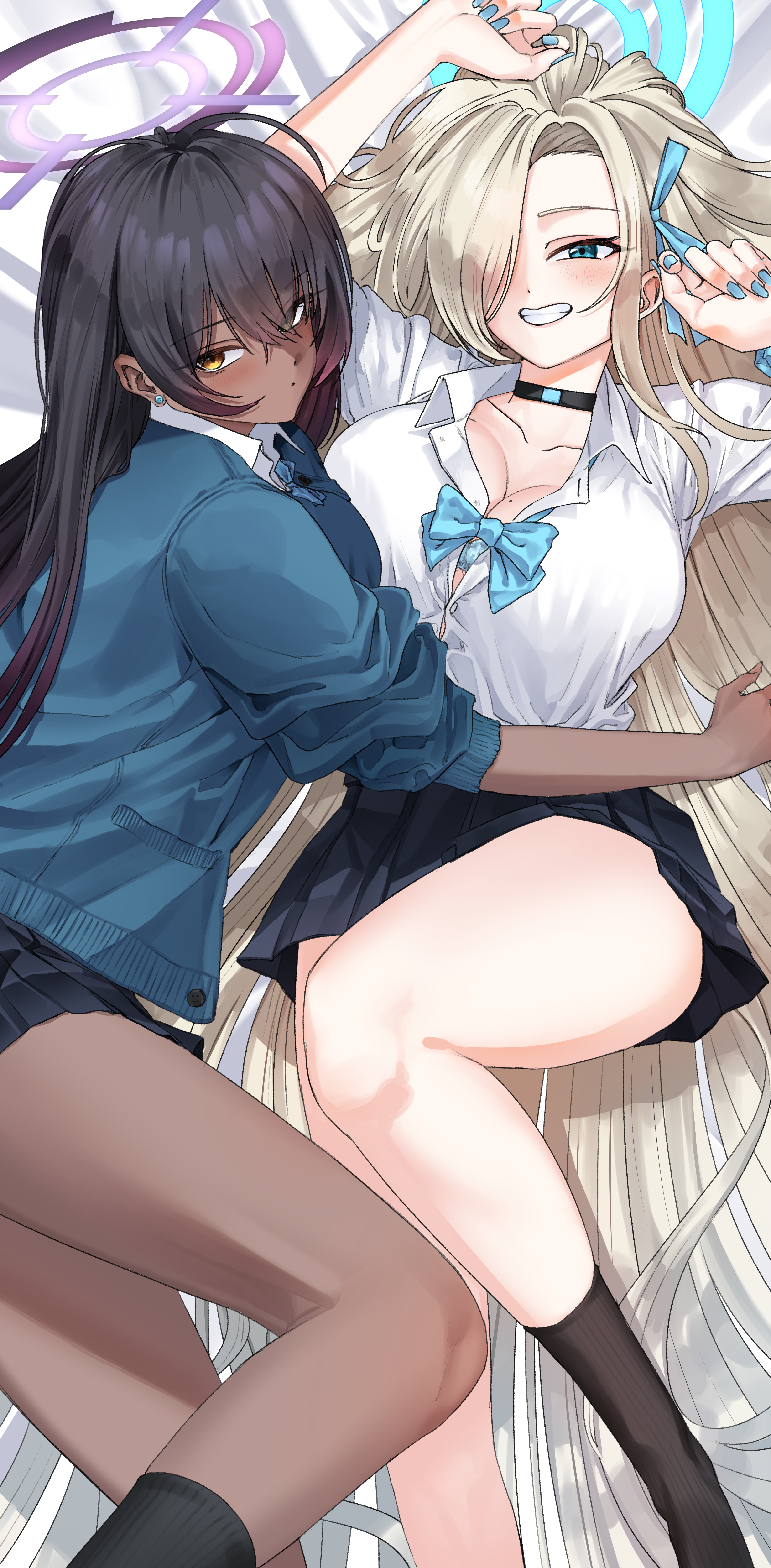 2girls, absurdres, asuna (blue archive), asuna (school uniform) (blue archive), black hair, black socks, blue archive, blue nails, blue ribbon, blush, breasts, cardigan, choker, cleavage, dark skin, dark-skinned female, earrings, female, grin, hair over one eye, hair ribbon, halo, highres, jewelry, karin (blue archive), karin (school uniform) (blue archive), kneehighs, large breasts, long hair, looking at viewer, lying, mikelee0614, mole, mole on breast, multiple females, multiple girls, neck ribbon, on back, pleated skirt, ribbon, skirt, smile, socks, very long hair, yellow eyes