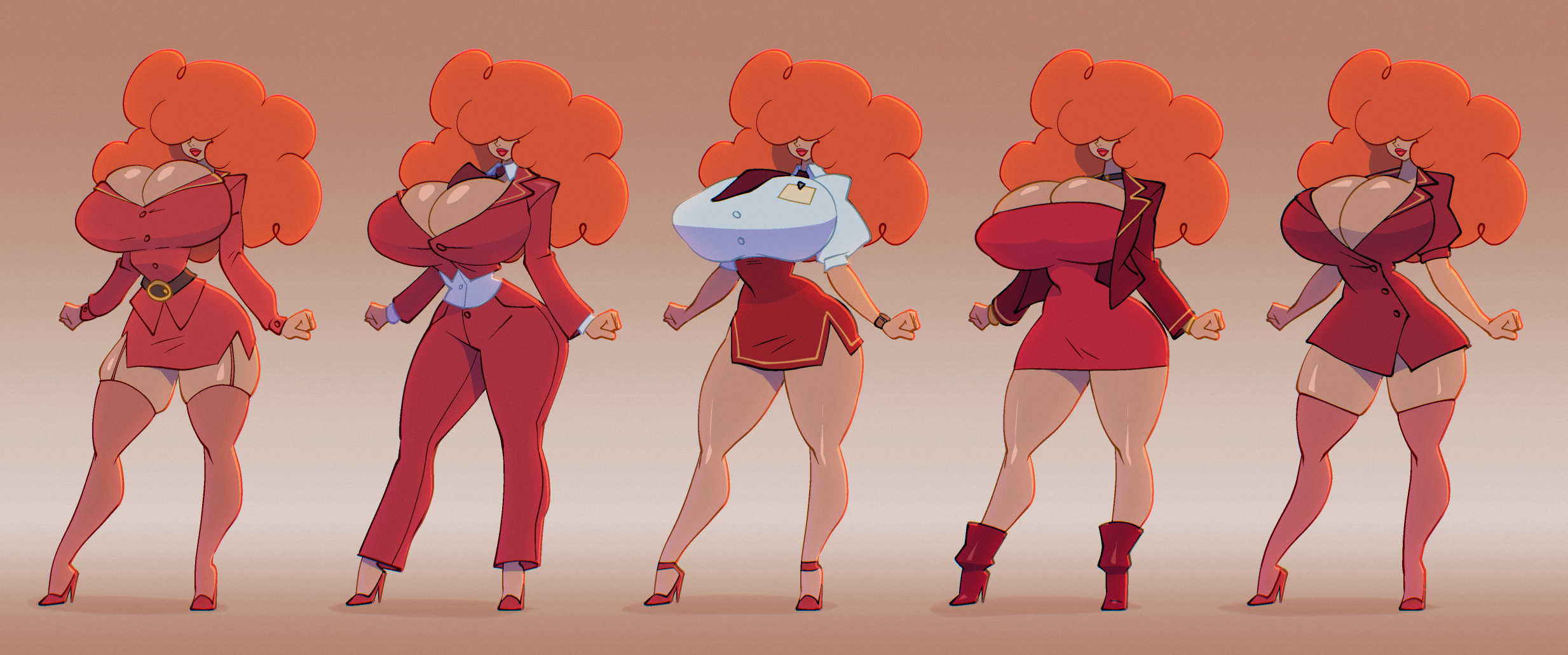 1girls, ass, big breasts, bigdad, bimbo, breasts, business suit, cartoon network, choker, cleavage, clothing, female, hair over eyes, hourglass figure, huge ass, huge breasts, jolly jack, lipstick, orange hair, panties, powerpuff girls, red lipstick, sara bellum, solo, stockings, tagme