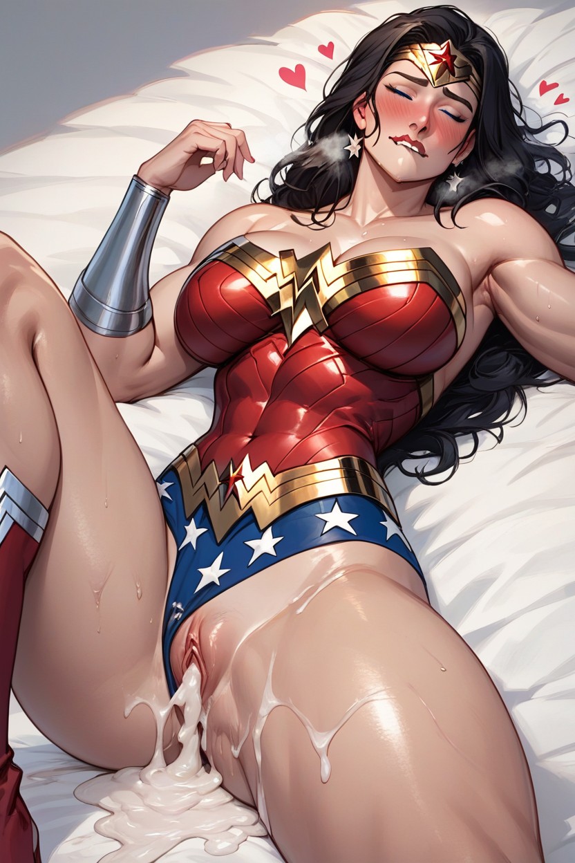 abs, abs visible through clothing, ai generated, amazonian, big breasts, biting lip, black hair, blush, boots, breasts, closed eyes, cum, cum in pussy, cum leaking out of pussy, dark hair, dc, dc comics, diana prince, earrings, faprunner78, female, female only, hearts around head, hips, long hair, lying on back, lying on bed, muscular, muscular arms, muscular female, muscular thighs, natural breasts, panties aside, pussy, shaved pussy, slim female, slim waist, spread legs, steam, superheroine, themysciran, thick thighs, thighs, tiara, vagina, waist, wide hips, wonder woman