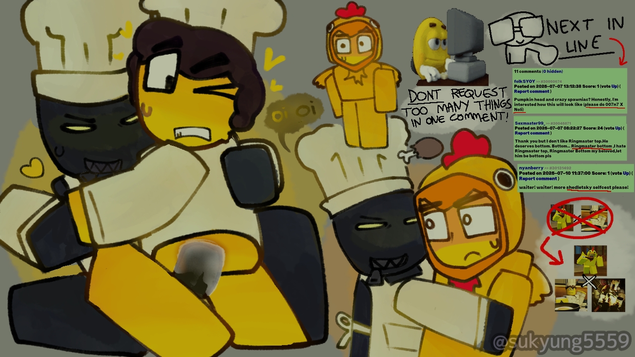 1eggs, 1eggs (rotten foodlings), 1x1x1x1, 1x1x1x1 (forsaken), 3boys, alternate costume, apron, artist name, bottomless, bottomless male, brown hair, chef hat, chef uniform, chicken, chicken shedletsky, cum on penis, food, forsaken (roblox), gay, gay sex, gritted teeth, male, male only, male/male, official alternate costume, one eye closed, penis, reference image, roblox, roblox game, robloxian, self upload, shedletsky, shedletsky (forsaken), shock, shocked eyes, square crossover, sukyung5559, tagme, watching from afar, watermark, wide eyed, yaoi, yellow skin, zipper, zipper mouth