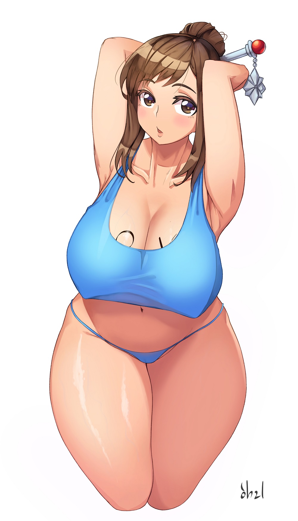 armpits, arms up, bad id, bad pixiv id, blue panties, body writing, breasts, brown eyes, brown hair, cleavage, covered erect nipples, curvy, female, female focus, hair ornament, harry (dudwofla), highres, huge breasts, long hair, looking at viewer, matching hair/eyes, mei (overwatch), navel, open mouth, overwatch, panties, parted lips, plump, solo, thick thighs, thighs, underwear, wide hips