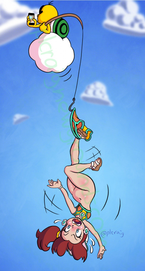 ass, bare ass, bottomless, embarrassed, embarrassed female, exposed, exposed ass, fat ass, female, fishing rod, hanging clothes, humiliation, lakitu, lakitu's cloud, mario (series), mario kart, mario kart world, navel, nintendo, phone, plcraig, princess daisy, princess daisy (swimwear), sandals, thick thighs, wardrobe malfunction, wedge heels, wedgie
