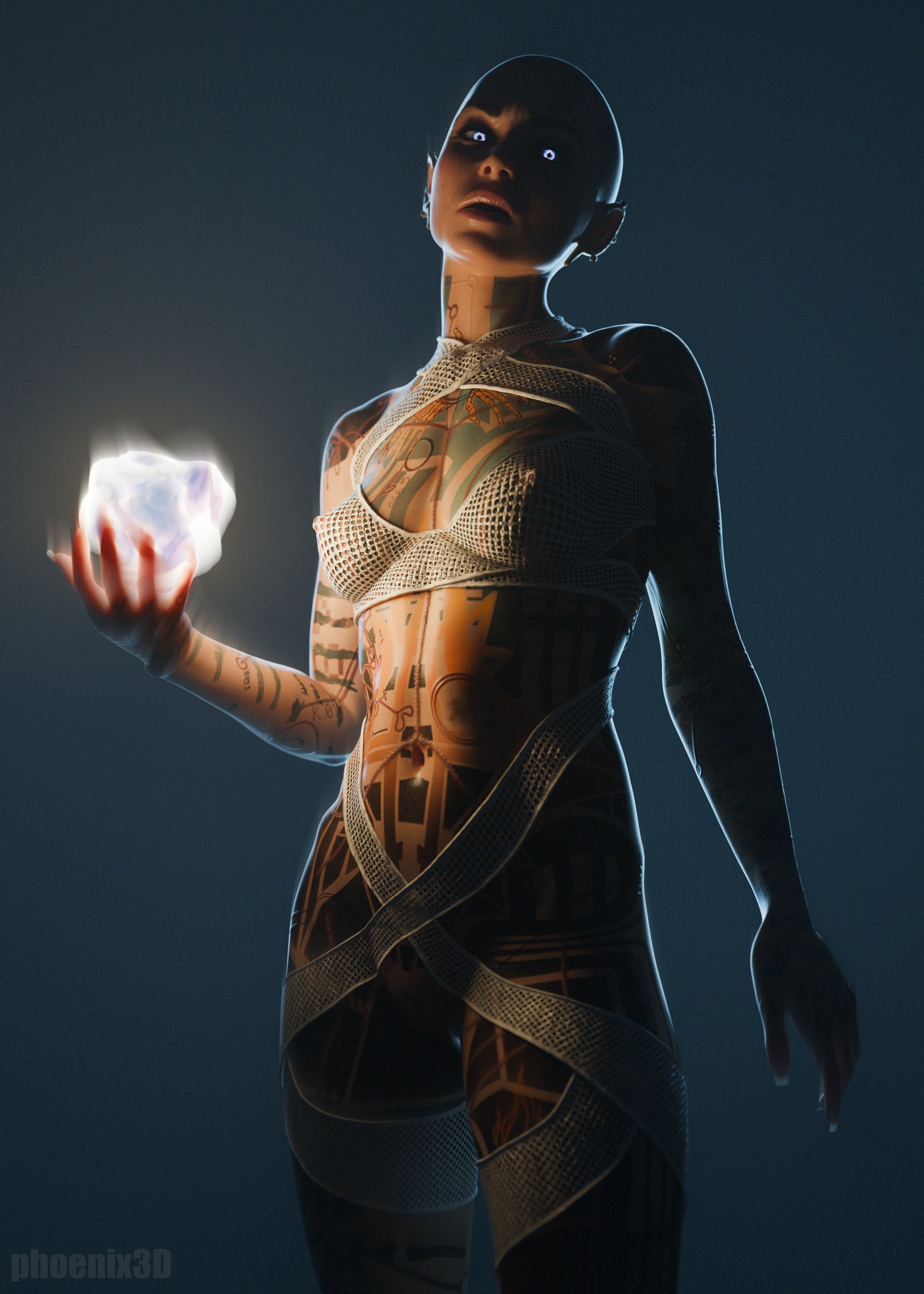 1girls, 3d, bald, bald female, bioware, breasts, female, female only, glowing eyes, jack (mass effect), mass effect, nipples, phoenix3d, shaved head, small breasts, solo, tattoo