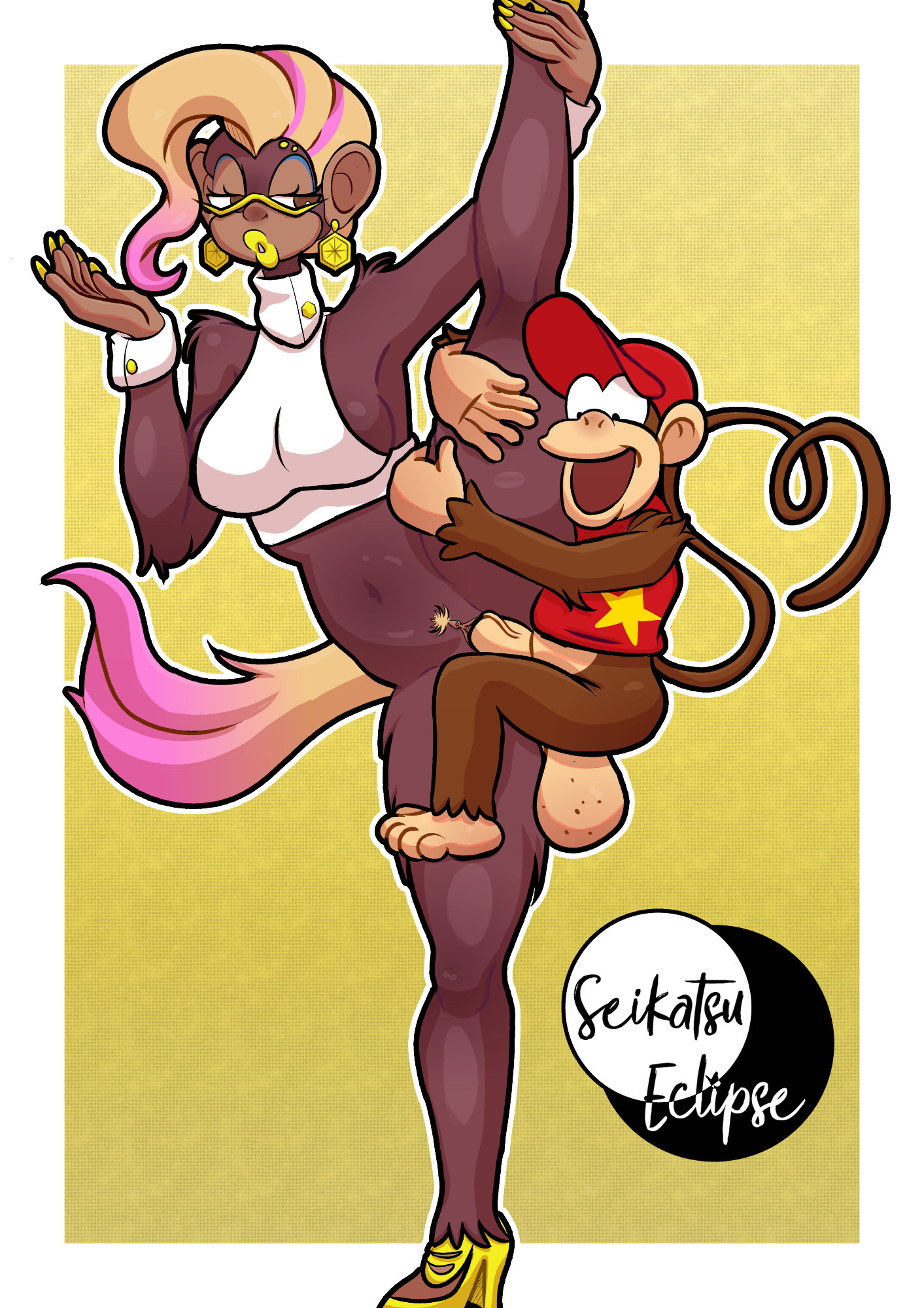 1boy, 1girls, ape, breasts, diddy kong, diddy kong racing, donkey kong (series), donkey kong bananza, donkey kong country, female, haplorhine, larger female, male, mario (series), medium breasts, monkey, poppy kong, primate, pussy, seikatsueclipse, shorter male, simian, smaller male, spider monkey, taller female, vagina, vaginal penetration, vaginal sex