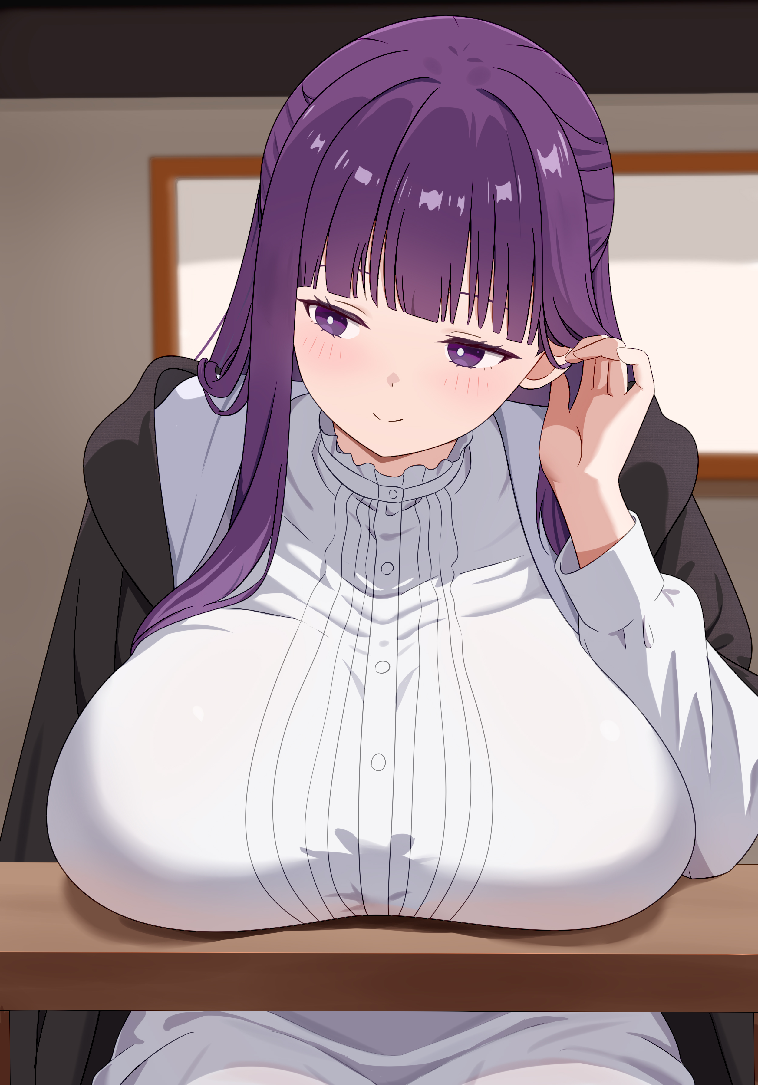 absurdres, annrichan, black robe, blurry, blurry background, breast rest, breasts, breasts on table, dress, female, fern (sousou no frieren), highres, huge breasts, indoors, large breasts, long hair, long sleeves, looking to the side, purple eyes, purple hair, robe, solo, sousou no frieren, striped clothes, striped dress, vertical-striped clothes, vertical-striped dress, white dress