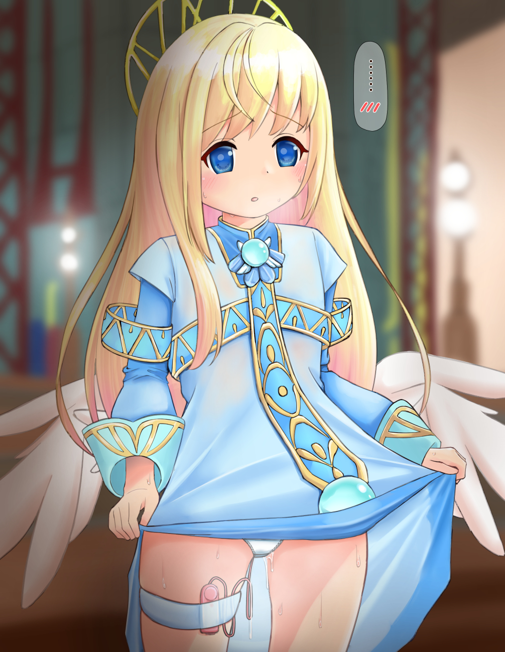 angel blonde_hair blue_dress blue_eyes blush breath chisamitsushi clothes_lift dress emil_chronicle_online female halo highres long_hair outdoors panties pussy_juice raised_inner_eyebrows sex_toy tita_(eco) underwear vibrator vibrator_in_thigh_strap white_panties