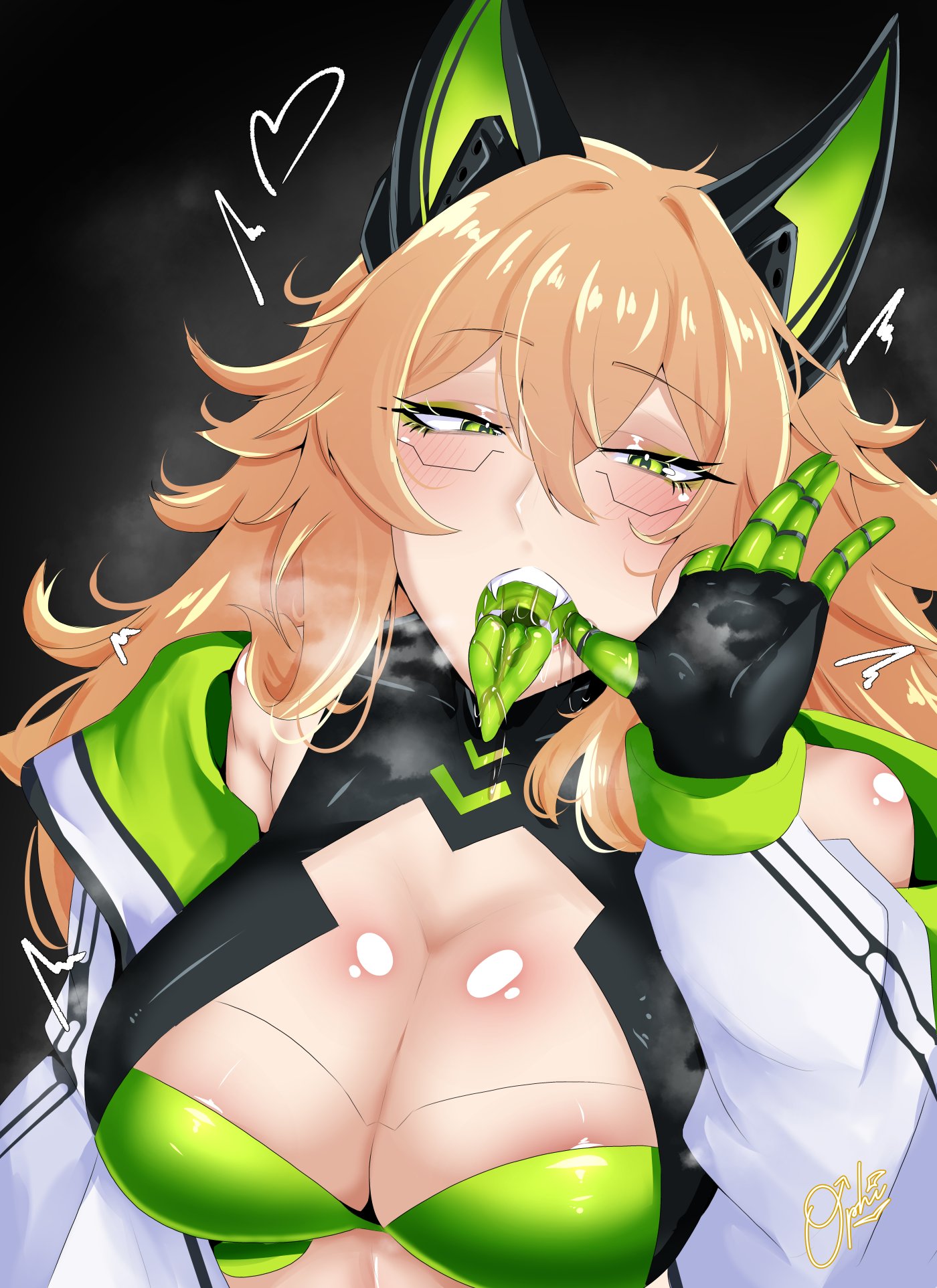 1girls, blonde hair, breasts, cat ears, cleavage, colored tongue, fangs, female, female only, gloves, green eyes, green mouth, green tongue, large breasts, long tongue, mari 3d, mouth, open mouth, ophimon, robot ears, robot girl, saliva, sharp teeth, thumb in mouth, tongue, tongue out