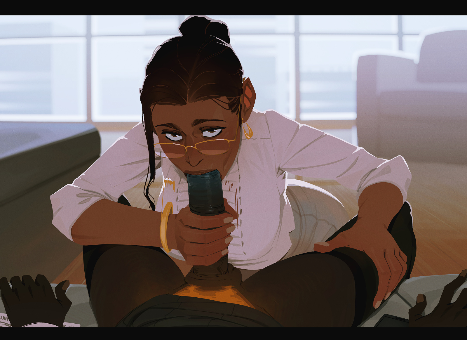alien, alien futa, anonymous futa, bangle, black thighhighs, bracelet, breasts, brown lips, clothed, couch, d, dark skin, dark-skinned female, dark-skinned futa, dark-skinned sub, dickgirl, dickgirl/female, earrings, erection, female, futa pov, futanari, glasses, gold-framed eyewear, hair bun, hand on thigh, hoop earrings, incase, intersex, interspecies, interspecies relationship, kneeling, kneeling female, kneeling oral position, large penis, looking at viewer, nadia petrova (incase), on couch, original, penis, penis grab, penis out, pov, puazi, secretary, sexy secretary, shirt, textless, textless version, thighhighs