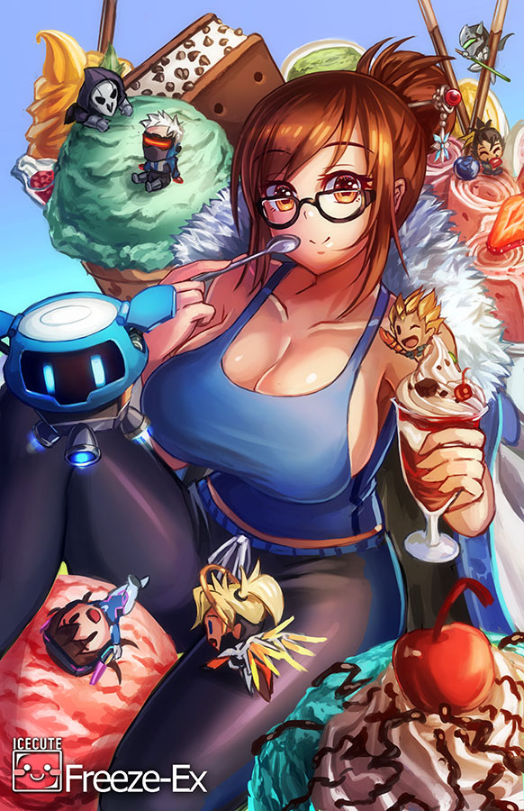 3girls 5boys armor artist_name black-framed_eyewear black_legwear blonde_hair blue_background blue_bodysuit blue_shirt bodysuit breasts brown_eyes brown_hair brown_legwear cherry chibi cleavage collarbone cowboy_shot cyborg d.va_(overwatch) drone faulds floating food freeze-ex fruit genji_(overwatch) glasses hair_bun hair_ornament hair_stick halo hanzo_(overwatch) headphones helmet high_collar holding holding_food holding_staff ice_cream ice_cream_cone jacket junkrat_(overwatch) katana large_breasts long_hair long_sleeves looking_at_viewer mask mecha_pilot_suit mechanical_arms mechanical_halo mechanical_wings mei_(overwatch) mercy_(overwatch) mouth_mask multiple_boys multiple_girls overwatch overwatch_1 pants parfait peg_leg pelvic_curtain ponytail power_armor reaper_(overwatch) robot shirt short_hair shoulder_pads signature simple_background single_hair_bun single_mechanical_arm sitting skin_tight smile snowball_(overwatch) snowflake_hair_ornament soldier:_76_(overwatch) solo_focus spikes spoon staff sundae sword tank_top visor weapon whipped_cream white_hair wings yellow_wings