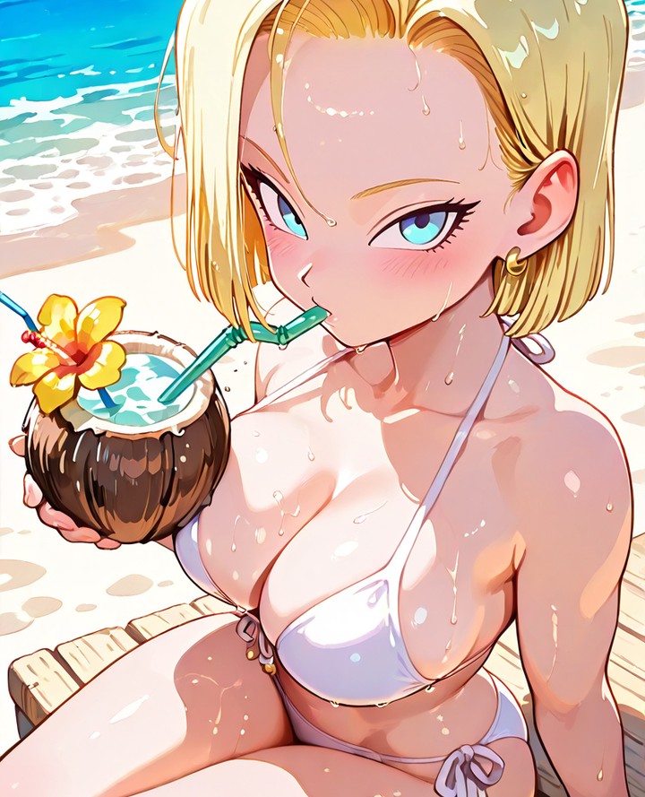 2025 ai_generated android_18 anime beach_background belly blonde_eyebrows blonde_hair_female blue_eyes_female blushing_at_viewer coconut_drink crunchyroll dragon_ball drinking_water glaring_at_viewer golden_earrings instagram looking_at_viewer manga meta pink_cheeks sitting_on_chair staring_at_viewer toei_animation tummy unknown_artist wet_bikini wet_body wet_hair wet_skin white_bikini
