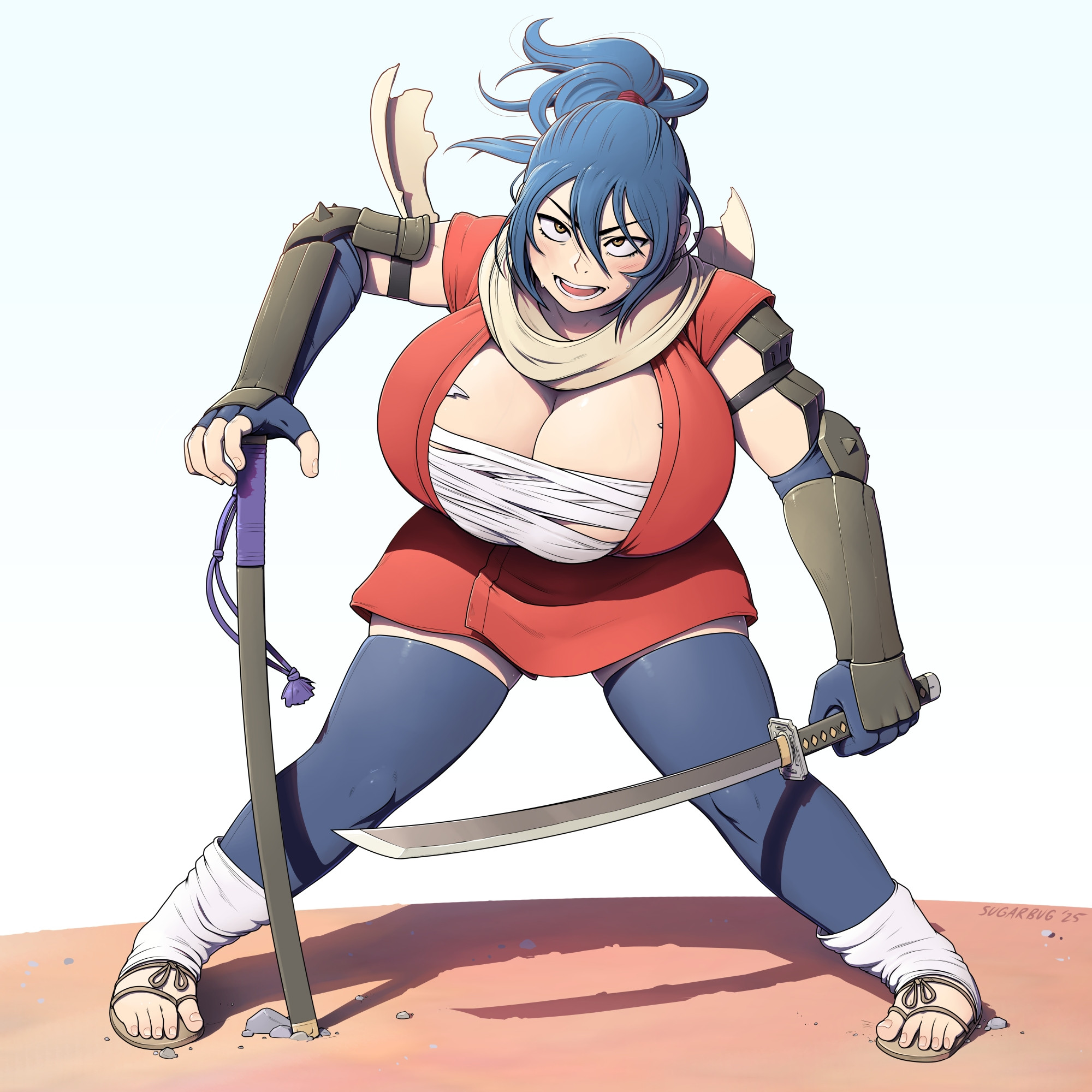 absurdres, areola slip, big breasts, blue hair, blush, breast expansion, breasts, cleavage, female, female focus, fingerless gloves, full body, gigantic breasts, gloves, highres, huge breasts, katana, large breasts, looking at viewer, manyuu chifusa, manyuu hikenchou, medium hair, ponytail, sandals, scarf, skindentation, solo, sugarbugtrash, sword, toes, weapon, yellow eyes