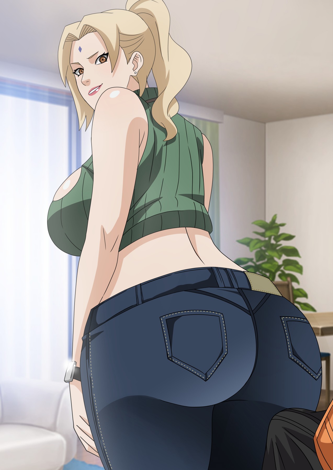 1boy, 1girls, adapted costume, alternate costume, alternate hairstyle, ass, back view, bare shoulders, big ass, big breasts, boner, breasts, brown eyes, center opening, cleavage, clothed, clothed female, crop top, curvaceous, curvy, curvy female, curvy figure, erect penis, erection, faceless male, facial mark, fat ass, female, female focus, forehead mark, from behind, fully clothed, gilf, huge ass, huge breasts, jeans, large breasts, low twintails, makeup, male, mature, mature female, milf, naruto, naruto (series), naruto shippuden, ninrubio, pants, penis, pinup, plump, ponytail, pose, posing, presenting, presenting ass, presenting hindquarters, rear view, round ass, shiny, shiny hair, shiny skin, sideboob, sleeveless, solo, solo female, solo focus, sweater, tied hair, tsunade, turtleneck, turtleneck sweater, uzumaki naruto, voluptuous, wide hips