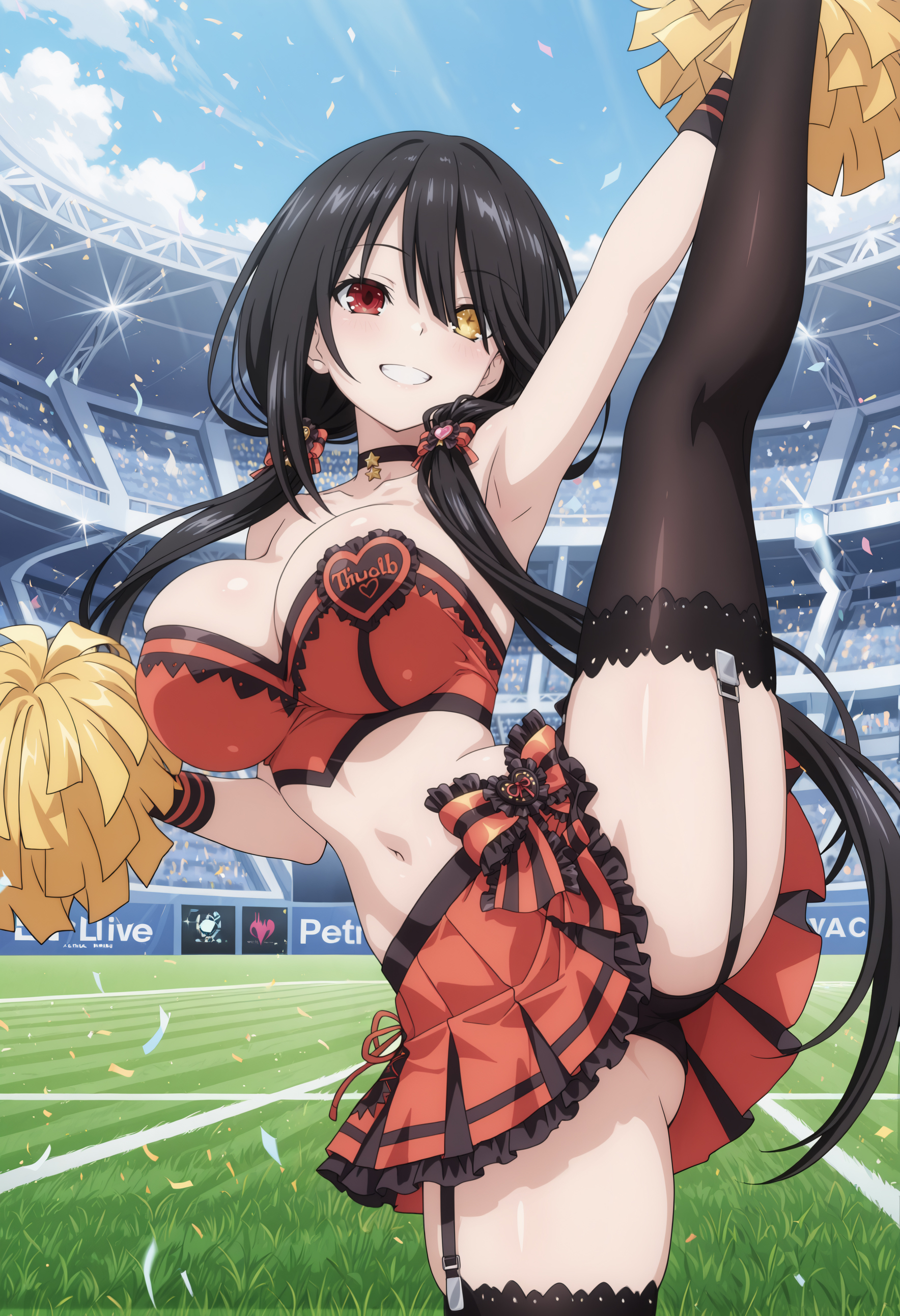 1girls, ai generated, big breasts, black hair, breasts, cheerleader, cheerleader uniform, date a live, female, female focus, female only, heterochromia, huge breasts, large breasts, red eye, smiling, tokisaki kurumi, yellow eye