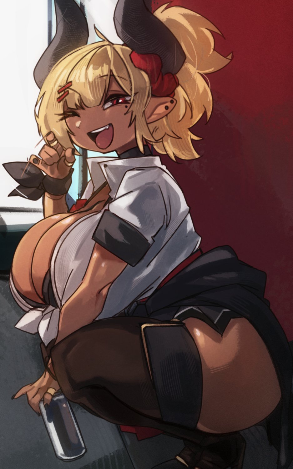 1girls, big breasts, breasts, crouching, demon, fellatio gesture, female, female only, gesture, gyaru, hi res, high heel boots, horns, looking at viewer, mole, mole under eye, open mouth, pointy ears, red eyes, side view, smiling, smiling at viewer, solo, solo female, succubus, succubus horns, tan body, tan skin, thick thighs, thighhighs, tied hair, wink, winking at viewer, zanamaoria