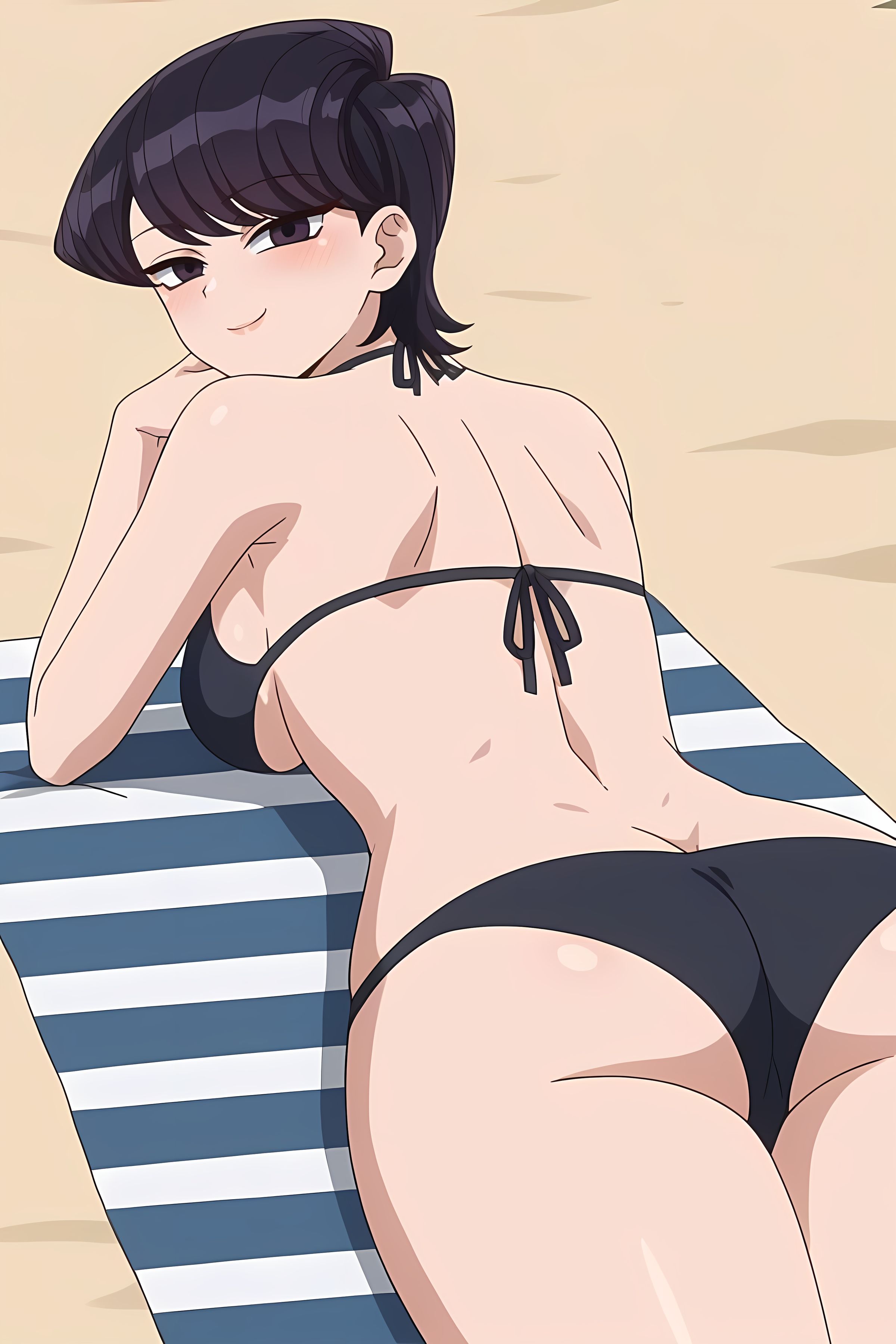 ai generated, ass, beach, beach towel, bikini, bikini bottom, bikini top, black bikini, blush, breasts, female, female focus, female only, komi shuuko, komi-san wa komyushou desu, laying down, laying on stomach, looking at viewer, pinku.ai, rear view, sideboob, smirk
