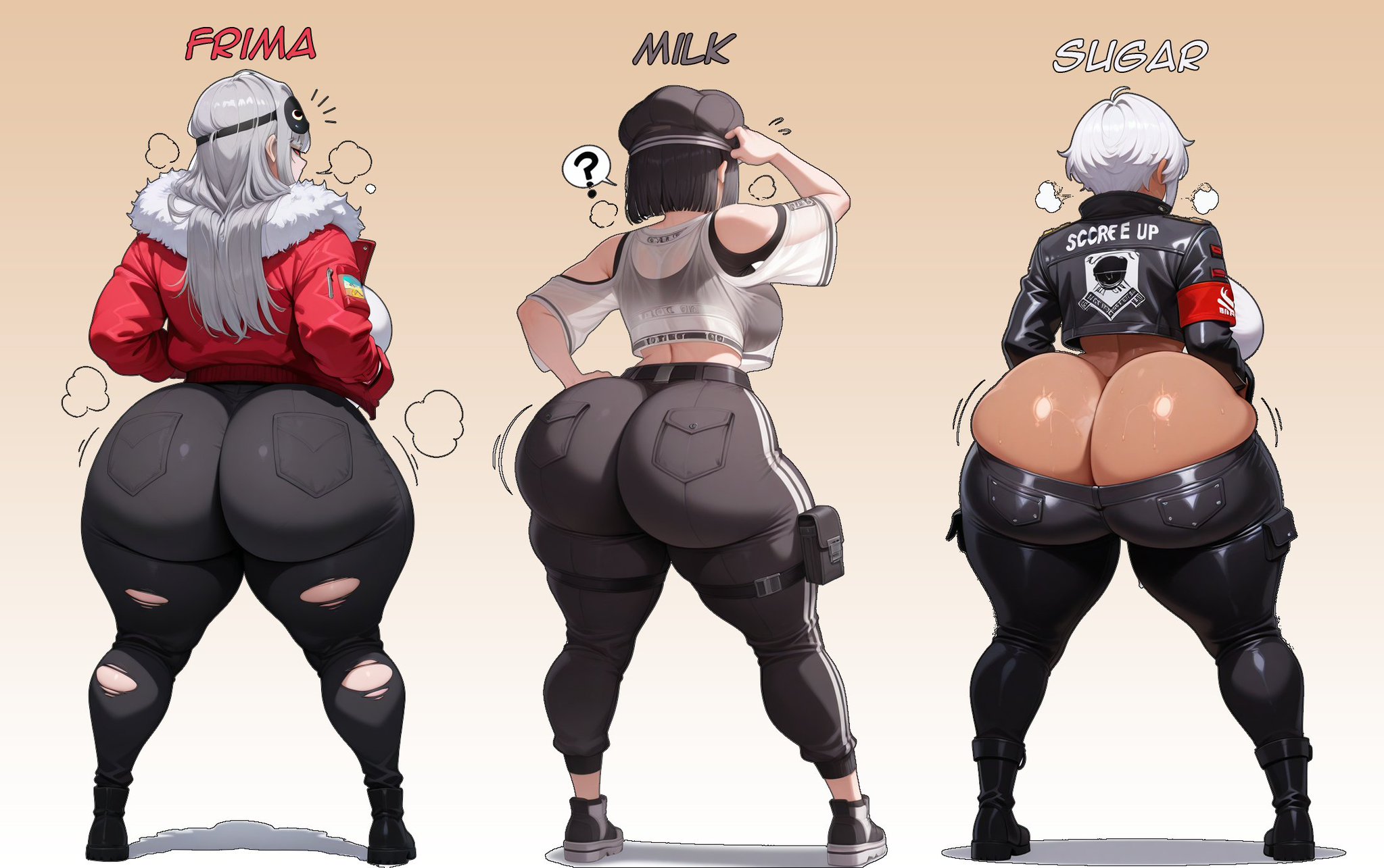 3girls, ai generated, ass, ass bigger than head, big ass, big breasts, big thighs, breasts, breasts bigger than head, bust, busty, chest, curvaceous, curvy, curvy figure, daidouji (artist), daidoujipv, digital media (artwork), enormous ass, enormous breasts, female, frima (nikke), gigantic ass, gigantic breasts, goddess of victory: nikke, hips, hourglass figure, huge ass, huge breasts, huge thighs, hyper ass, large ass, large breasts, large thighs, legs, light skin, light-skinned female, massive ass, massive breasts, mature, mature female, milk (nikke), multiple females, multiple girls, slim waist, sugar (nikke), thick, thick hips, thick legs, thick thighs, thighs, thighs bigger than head, voluptuous, waist, wide hips, wide thighs