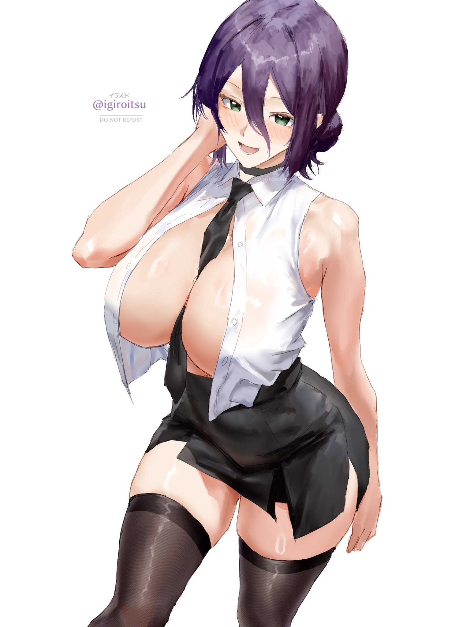 1girls, bare shoulders, between breasts, black hair, blush, breasts, chainsaw man, choker, collared shirt, female, green eyes, hair between eyes, hair bun, highres, huge breasts, igiroitsu, long hair, looking at viewer, miniskirt, necktie, necktie between breasts, no bra, reze (chainsaw man), shirt, simple background, single hair bun, skirt, sleeveless, sleeveless shirt, smile, solo, solo female, thighhighs, unbuttoned, unbuttoned shirt, underboob, white background