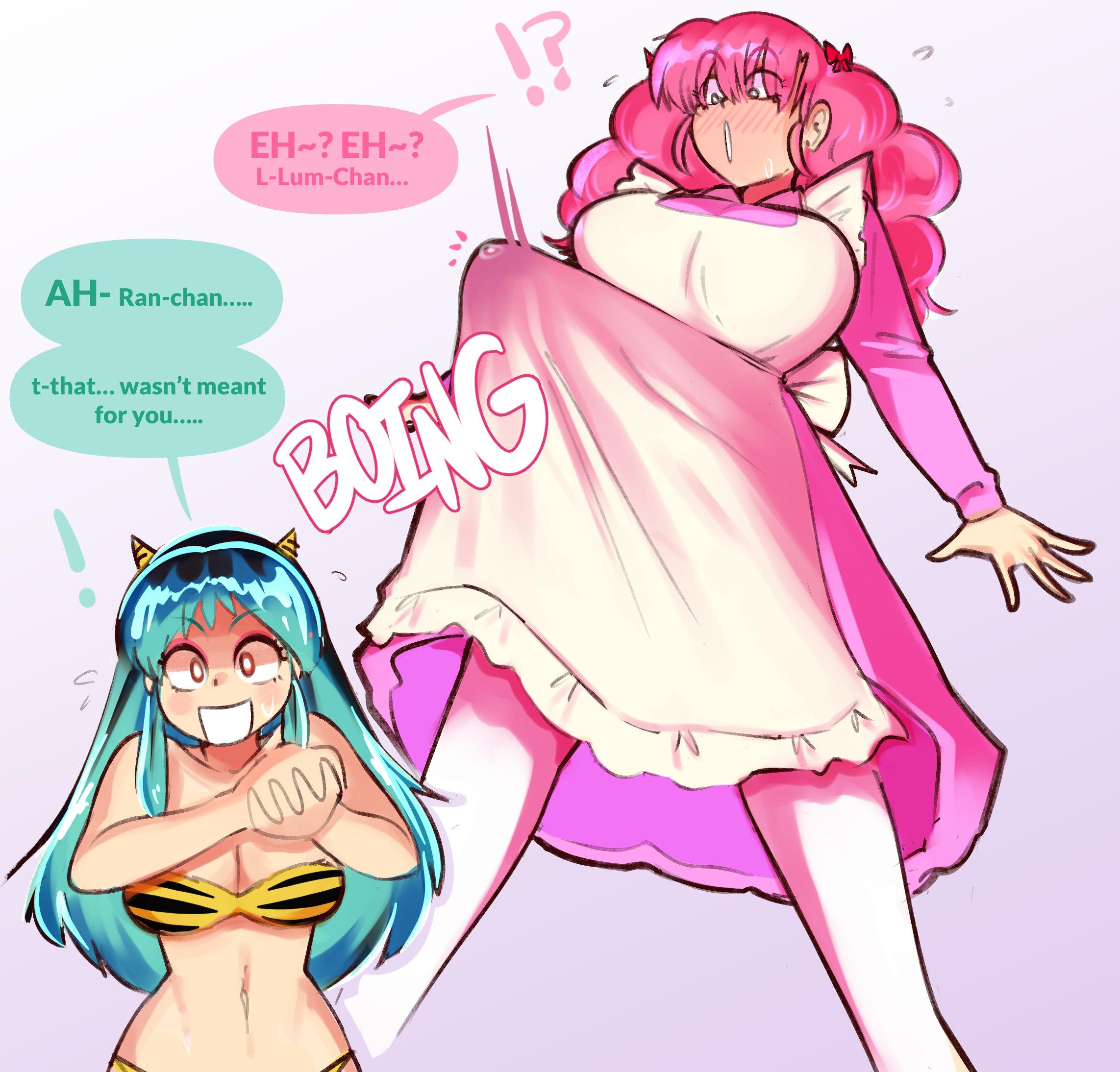 1futa, 1girls, big breasts, breasts, clothed, clothing, commission, erection, erection under clothes, female, fully clothed, futa on female, futanari, green hair, honeyboyy, huge cock, implied transformation, intersex, light skin, light-skinned female, light-skinned futa, long hair, lum, penis, pink hair, ran (urusei yatsura), tenting, thick thighs, transformation, urusei yatsura