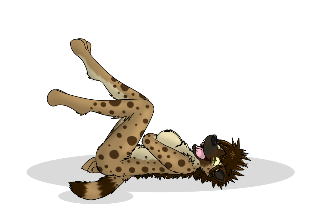 2011 after_transformation anthro areola ass biped black_areola black_nipples breasts brown_body brown_fur brown_hair colored countershade_fur countershade_legs countershade_torso countershading female female_anthro fox0808 fur hyena legs_up looking_at_viewer lying mammal markings multicolored_body nipples nude on_back open_mouth paws side_view simple_background smile solo spots spotted_hyena tail tan_body tan_fur tongue tuft white_background
