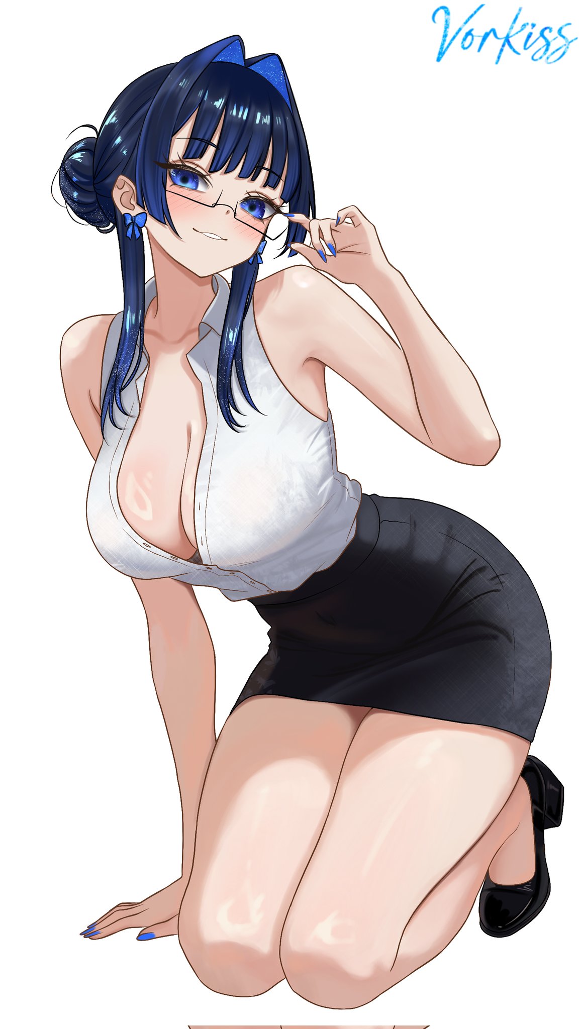 1girls, big breasts, blue eyes, blue hair, blue nails, blue-eyed female, blue-haired female, blush, blushing at viewer, breasts, cleavage, clothed, clothed female, female, female focus, female only, glasses, hololive, hololive english, hololive english -council-, hololive english -promise-, large boobs, large breasts, light skin, light-skinned female, looking at viewer, nail polish, office lady, office lady outfit, on knees, ouro kronii, smile, smiling, smiling at viewer, solo, solo female, solo focus, teacher, virtual youtuber, vorkiss
