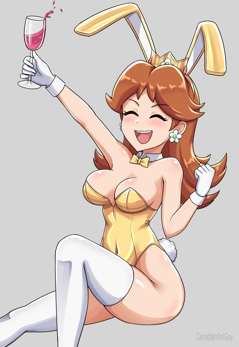 1girls, artist name, breasts, brown hair, bunny daisy, bunny ears, bunny tail, busty, canadiananiguy, cleavage, crown, earrings, female, light skin, light-skinned female, mario (series), nintendo, playboy bunny, princess daisy, solo, solo female, super mario land, super mario land 2, thighhighs, wine glass