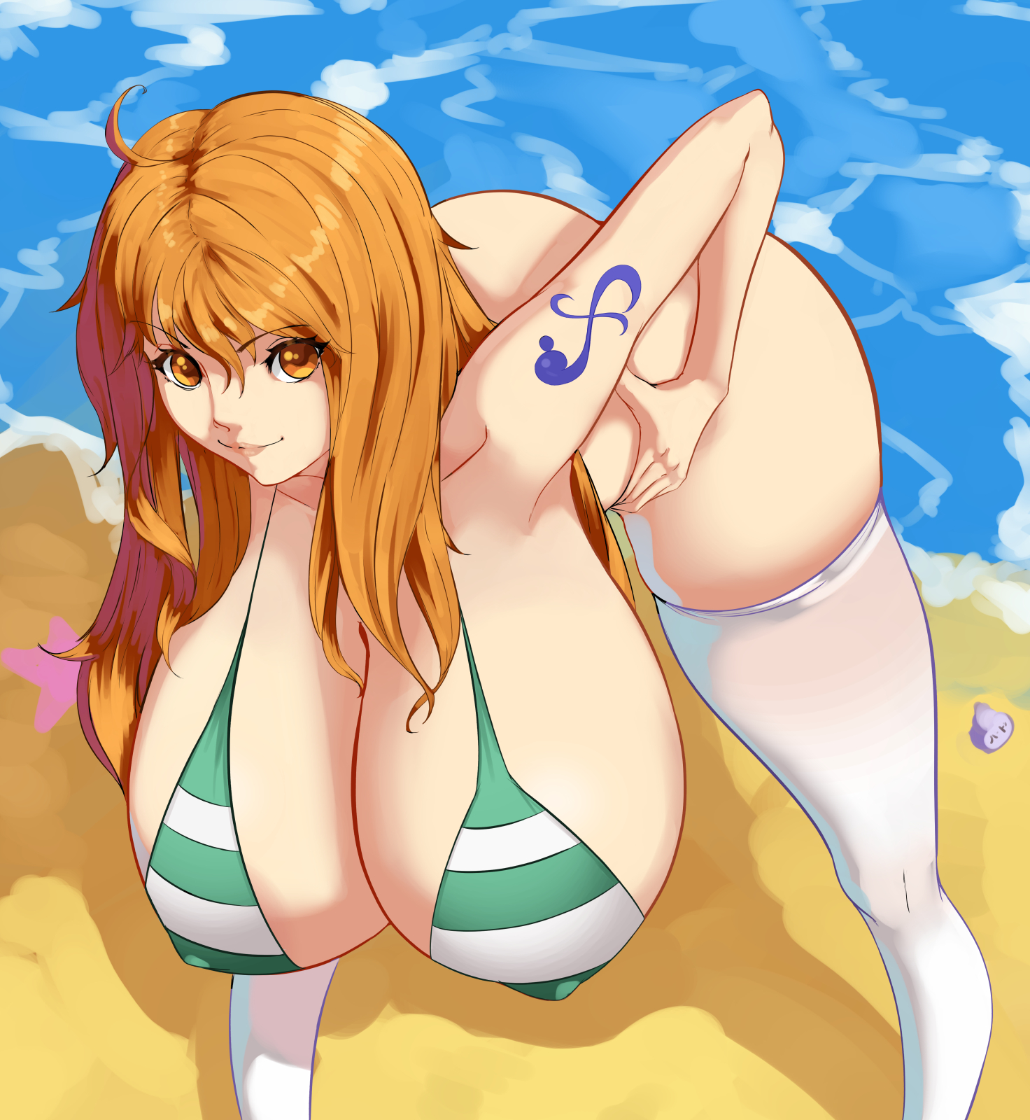 47 hard, alternate breast size, beach, bikini, bikini top only, bottomless, breasts, cleavage, convenient arm, convenient censoring, facing viewer, feet out of frame, female, female only, hanging breasts, hard.d, highres, huge breasts, leaning forward, long hair, looking at viewer, looking up, nami (one piece), ocean, one piece, orange eyes, orange hair, outdoors, sand, shoulder tattoo, smile, solo, standing, starfish, striped bikini, striped clothes, swimsuit, tagme, tattoo, white legwear, wide hips