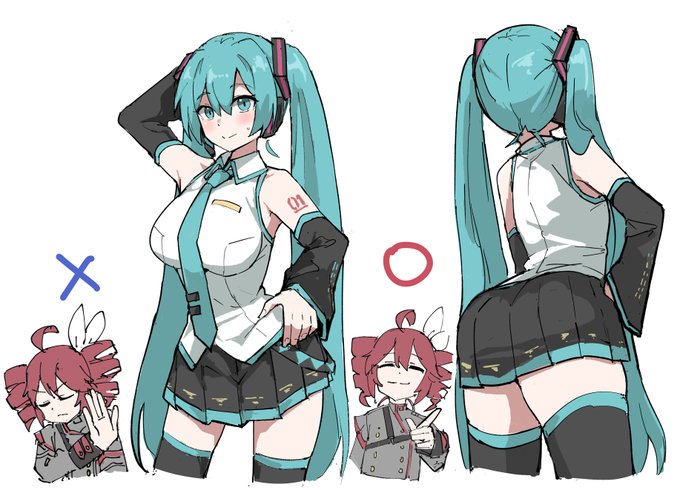 2girls, ahoge, aqua eyes, aqua hair, aqua necktie, ass, bare shoulders, big breasts, black skirt, black sleeves, blue eyes, blue hair, blush, breasts, closed eyes, crossover, detached sleeves, drill hair, female, female focus, female only, fully clothed, fully clothed female, grey shirt, hair ornament, hand on hip, hatsune miku, headphones, kasane teto, large breasts, long hair, looking at viewer, miniskirt, multiple girls, necktie, only female, pleated skirt, red hair, shirt, shoulder tattoo, skirt, sleeveless, sleeveless shirt, smile, tagme, tattoo, tentenchan2525, thighhighs, twin drills, twintails, v, very long hair, white background, white shirt, zettai ryouiki
