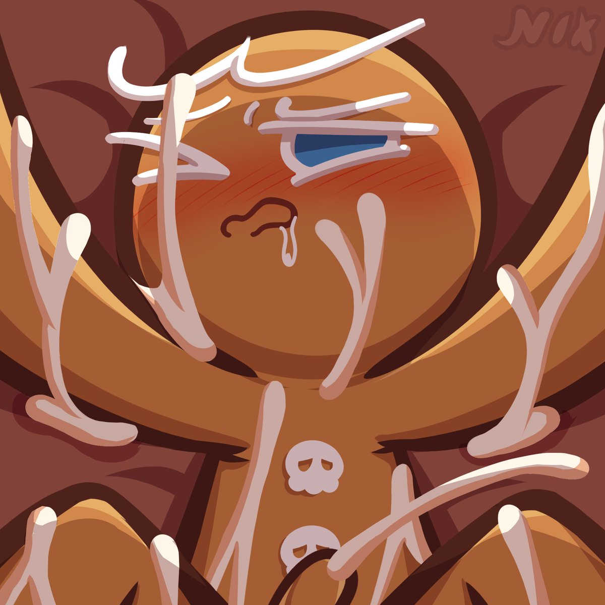 1boy, 2025, after anal, after sex, blue eyes, blush, blush lines, cookie run, cookie run kingdom, cookie run ovenbreak, cookie run: tower of adventures, cum, cum inside, cum on body, cum on face, cumming, cumming while penetrated, devsisters, drool, drool string, drooling, ejaculation, gay, gay male, gay sex, gingerbrave, male, male only, nixkirb18, one eye closed, red lips, sex, skull ornament, skull symbol, solo, solo male, tagme, white hair, yaoi