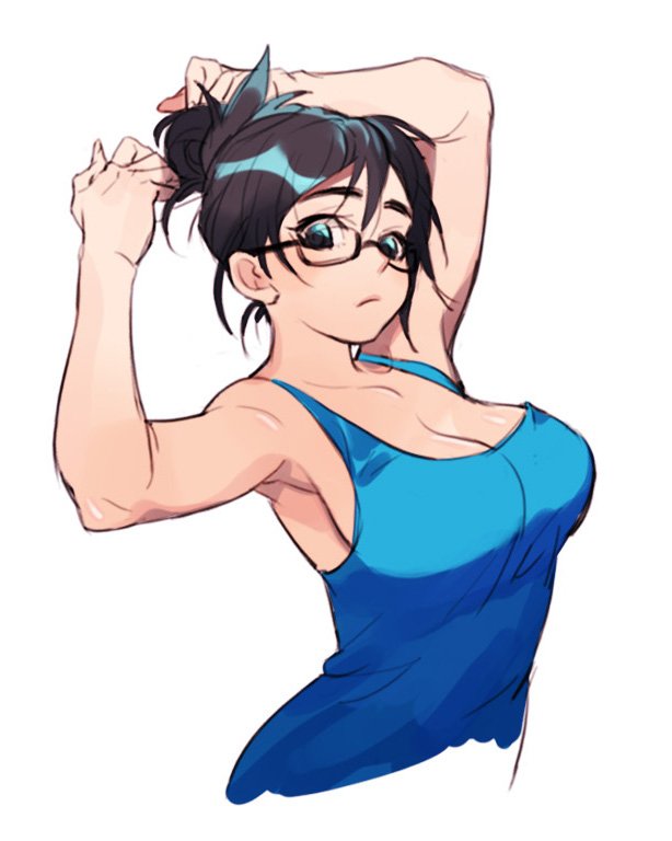 adjusting hair, armpits, arms up, bad id, bad twitter id, bare shoulders, black-framed eyewear, blue shirt, breasts, brown eyes, brown hair, cleavage, collarbone, female, female focus, fingernails, glasses, gokudouzhen, hair bun, large breasts, looking at viewer, mei (overwatch), overwatch, semi-rimless eyewear, shirt, simple background, single hair bun, sleeveless, solo, tank top, thick eyebrows, tying hair, under-rim eyewear, upper body, white background