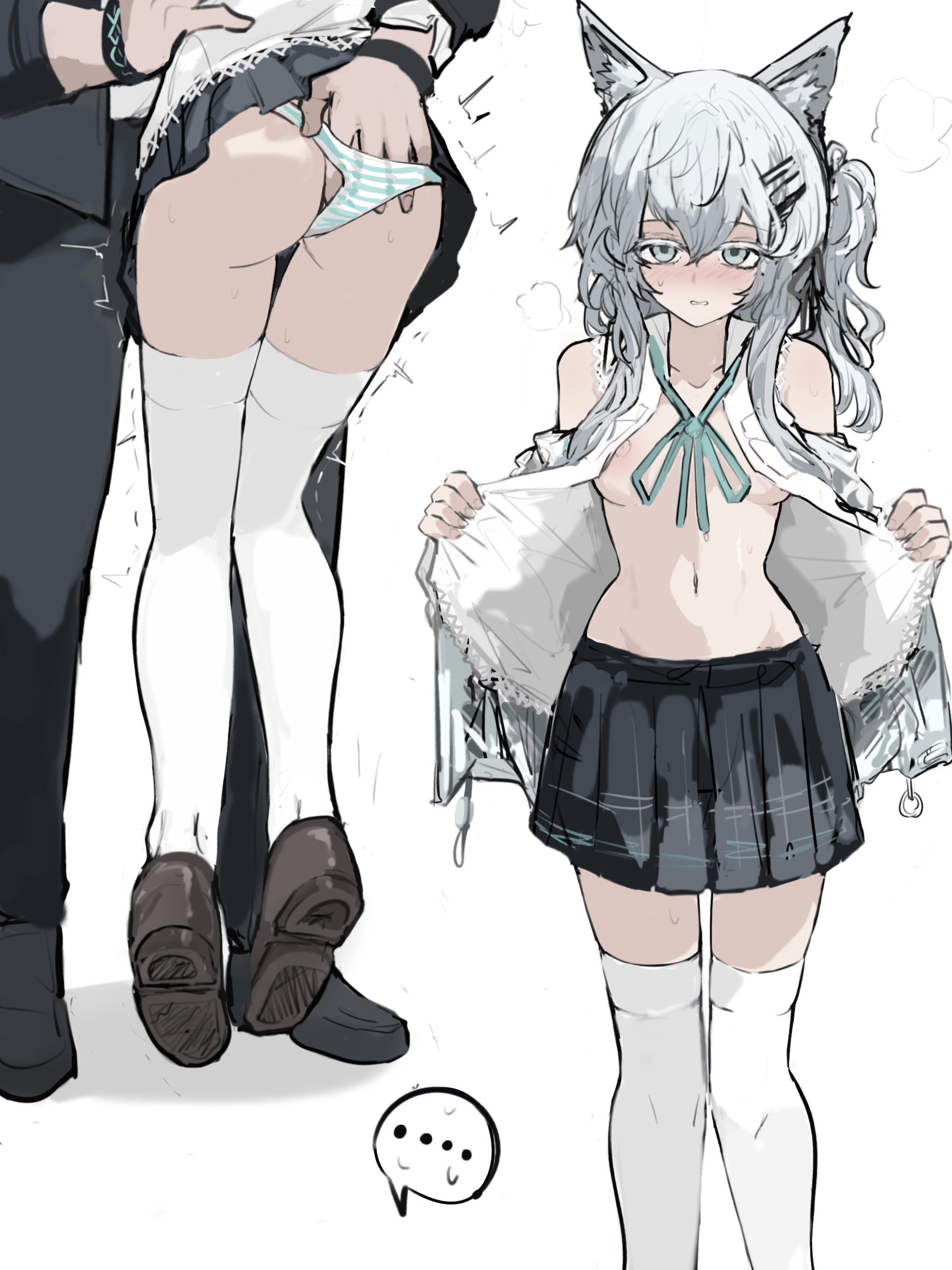 animal ear fluff, animal ears, arknights, ass, cat girl, catgirl, female, fingering, kemonomimi, larger male, male, no bra, panties, rosmontis (arknights), schoolgirl, size difference, skirt, thighhighs, whate=3r