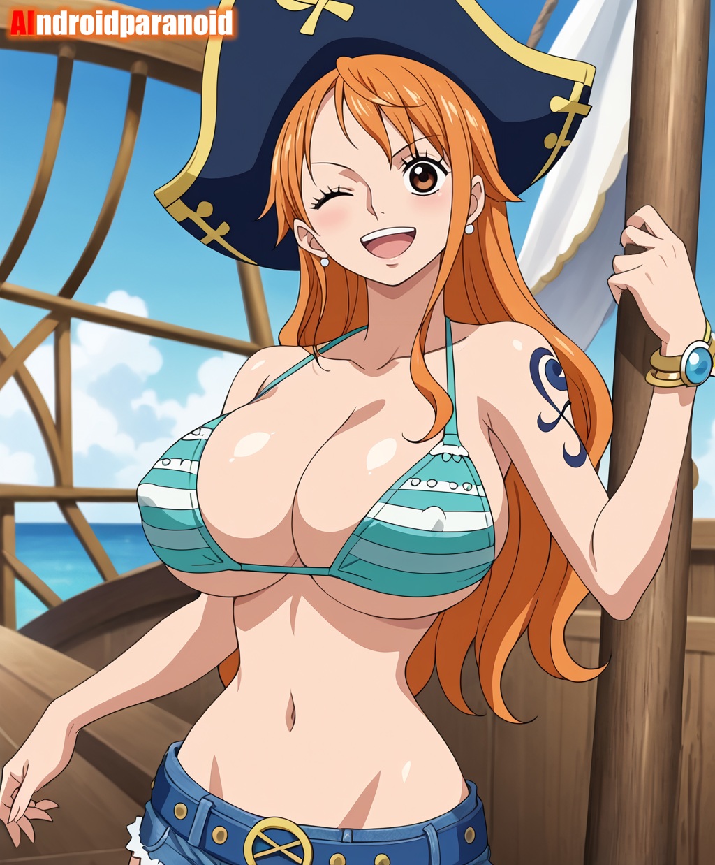 1girls, ai generated, aindroidparanoid, arm tattoo, ass, big ass, big breasts, big butt, bikini, blue tattoo, breasts, busty, cleavage, curvy, cute, fat ass, female, female only, hi res, hips, huge ass, huge breasts, human, large ass, large breasts, legs, nami (one piece), narrow waist, one piece, orange hair, orange-haired female, pirate, pirate hat, slim waist, tagme, tattoo, thick ass, thick thighs, voluptuous, waist, wide hips
