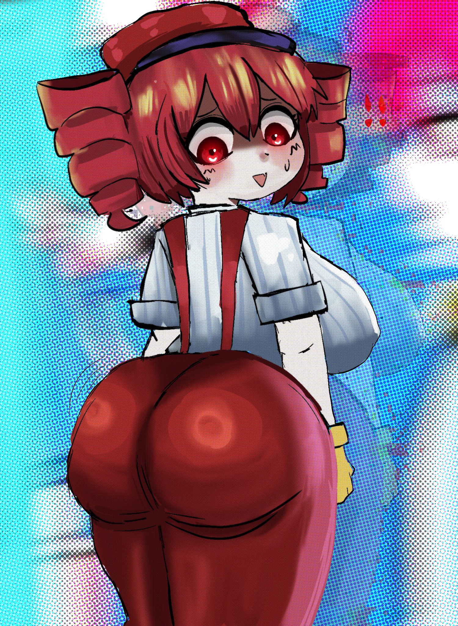1girls, 2d, 2d (artwork), arched back, ass, ass focus, back, back view, big ass, big breasts, big thighs, blouse, breasts, bubble butt, clothed, clothed female, clothing, curvaceous, curvy, curvy female, curvy figure, cute fang, erect nipples, erect nipples under clothes, fat ass, female, female only, flesh fang, fully clothed, gloves, gluteal fold, huge ass, huge breasts, huge thighs, kasane teto, kasane teto (sv), large ass, large breasts, large thighs, looking back, looking down, mesmerizer (vocaloid), mesmerizer teto, motion lines, mv character, nervous, nervous smile, nipple bulge, open mouth, pants, plump, plump ass, plump breasts, plump thighs, reality shattering ass, red eyes, red hair, shiny clothes, shirt, sideboob, simple background, solo, solo female, sticking ass out, sukkipa, suspenders, sweat, sweating, synthesizer v, thick thighs, thighs, tight clothing, tight pants, triangle mouth, twin drills, utau, voluptuous, voluptuous female, wide hips