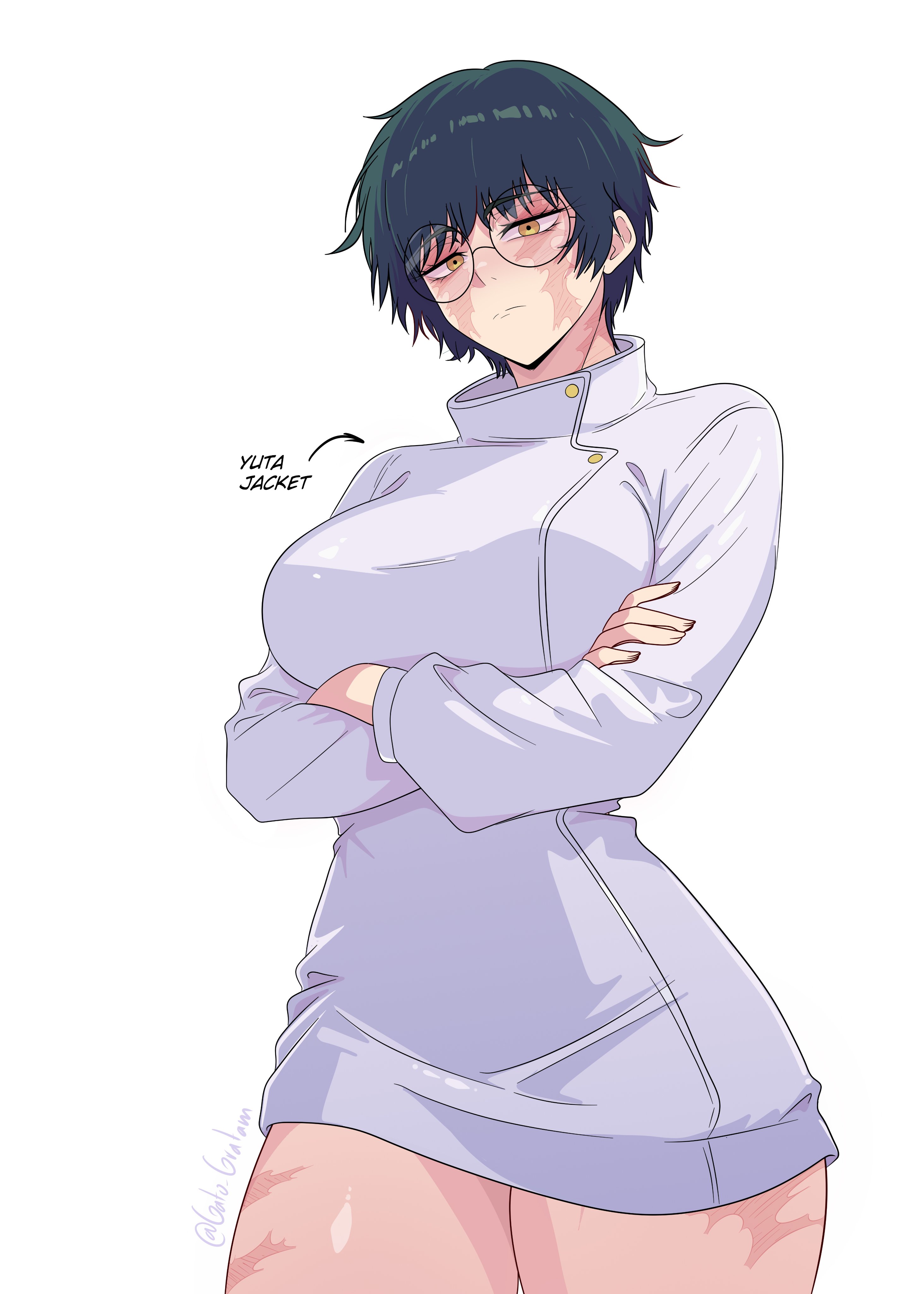 1boy, 1girls, big breasts, breasts, female, glasses, green hair, green-haired female, jujutsu kaisen, scars all over, senor gato, short hair, wearing others clothes, zenin maki