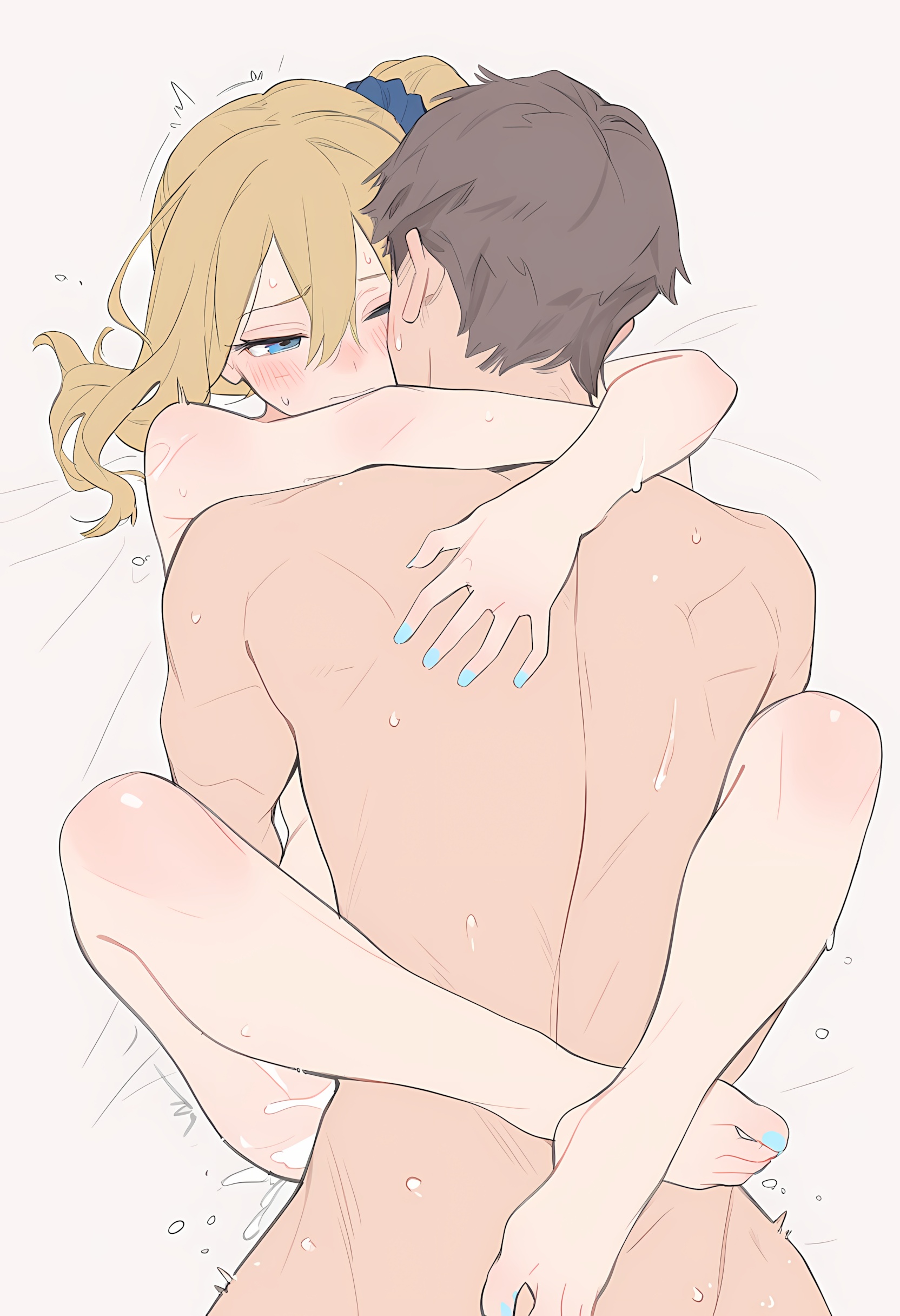 ai generated, arms around neck, blonde hair, blue eyes, blush, female, hayasaka ai, kaguya-sama wa kokurasetai ~tensai-tachi no renai zunousen~, leg lock, male, missionary position, painted nails, painted toenails, passionate, side ponytail