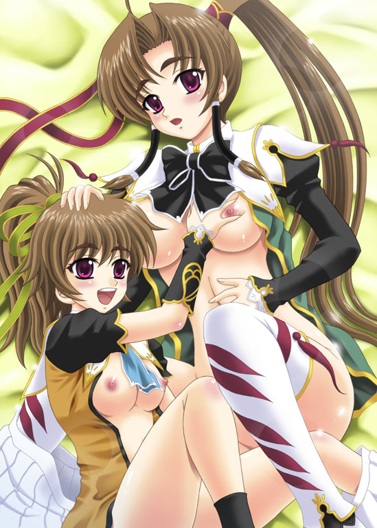 2girls bachou_mouki_(koihime) batai big_breasts blush breasts koihime†_(series) koihime_musou large_breasts multiple_girls nipple nipples open_clothes open_shirt pointy_chin ponytail shirt tied_hair