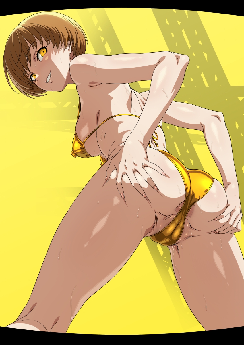 1girls, anus, anus peek, ass, ass spread, atlus, bikini, bikini bottom, bikini top, bottomwear, breasts, brown hair, erect nipples, female, female only, hair, hands on ass, looking back, medium breasts, nails, nipple bulge, nipples, persona, persona 4, pussy, satonaka chie, shadow chie, shadow self (persona), short hair, shunzou, smile, solo, solo female, spread ass, spreading, sweat, sweatdrop, swimwear, thighs, topwear, wet, wet pussy, yellow bikini, yellow eyes