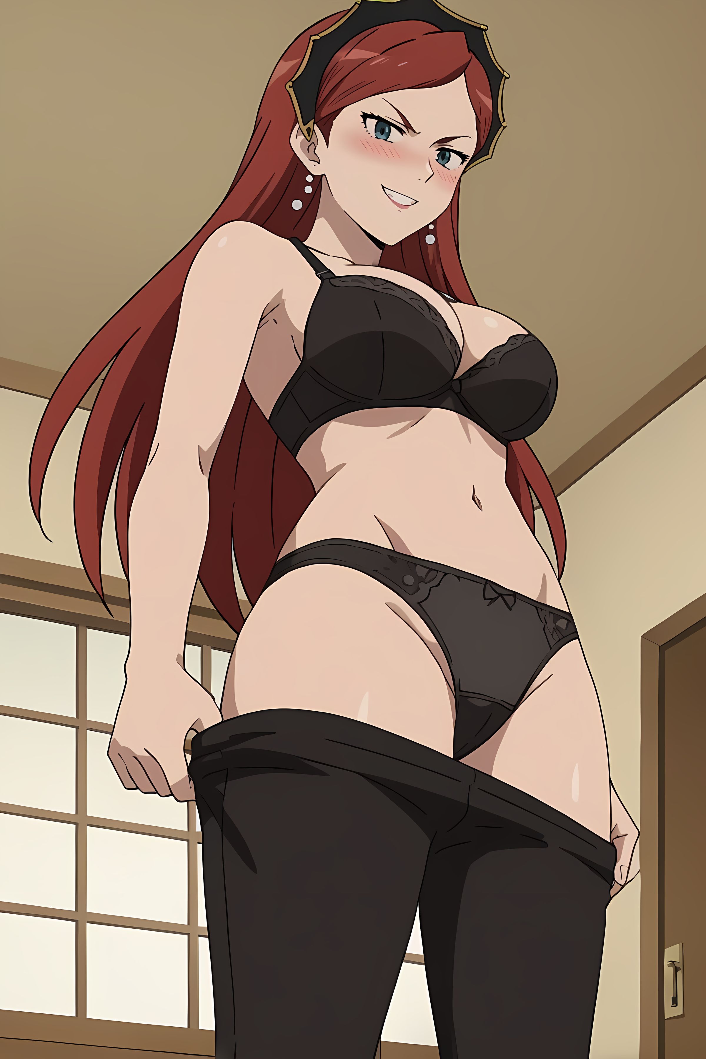 ai generated, alone, bedroom, black bra, black leggings, black panties, blush, bra, female, female focus, female only, front view, hilda boreas greyrat, leggings, leggings down, looking at viewer, mushoku tensei, panties, pinku.ai, smirk