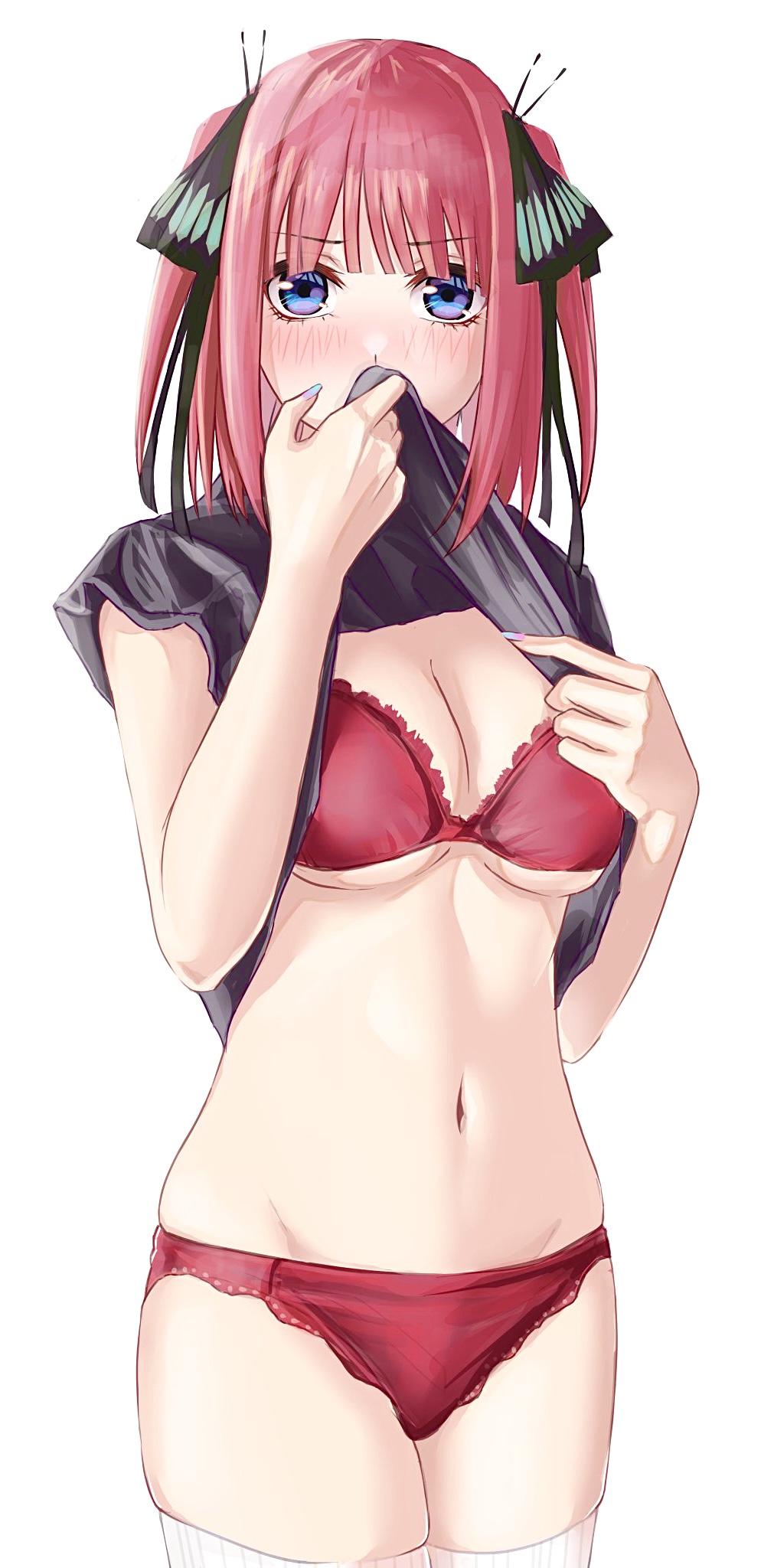 1girls, black ribbon, black shirt, blue eyes, blunt bangs, blush, bra, breasts, butterfly hair ornament, clothes lift, commentary request, cowboy shot, female, frilled bra, frilled panties, frills, go-toubun no hanayome, groin, hair ornament, hair ribbon, highres, lifted by self, looking at viewer, medium breasts, medium hair, nail polish, nakano nino, navel, no pants, panties, partial commentary, pink hair, red bra, red panties, ribbon, shirt, shirt lift, simple background, sleeveless, sleeveless shirt, solo, standing, twintails, underwear, white background, yahalashin