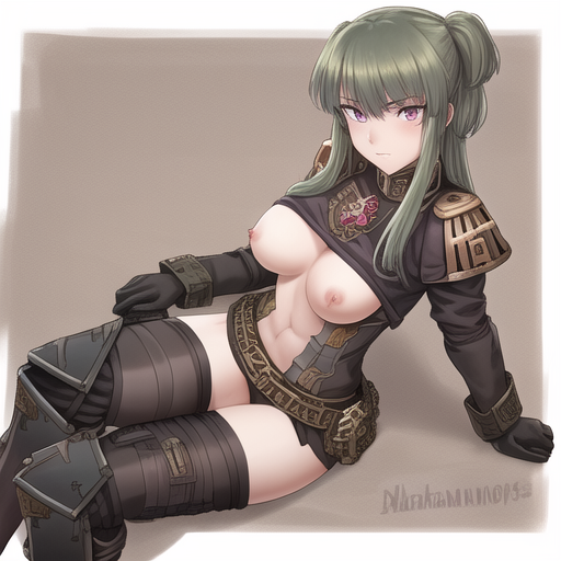 1girls ai_generated astra_militarum breasts breasts_out cadian clothed clothing female female_only green_hair guardswoman_(warhammer_40k) hammer_40k imperial_guard imperium_of_man military military_uniform purple_eyes simple_background sitting solo solo_female war warhammer_(franchise)