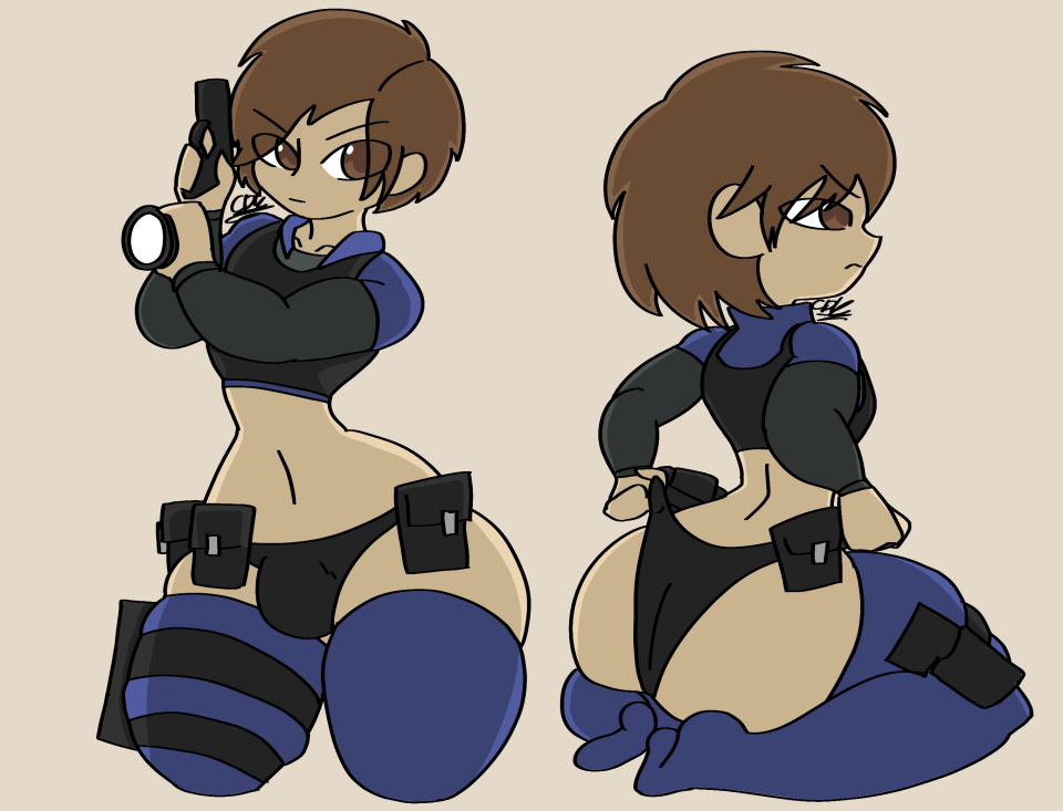 1boy annoyed ass_focus belly_button brown_eyes brown_hair bulge capcom cdk crop_top digital_media_(artwork) femboy flashlight gun holster kneeling leon_scott_kennedy long_sleeves looking_away resident_evil short_hair thigh_bulge thighhighs thin_waist underwear utility_belt watermark