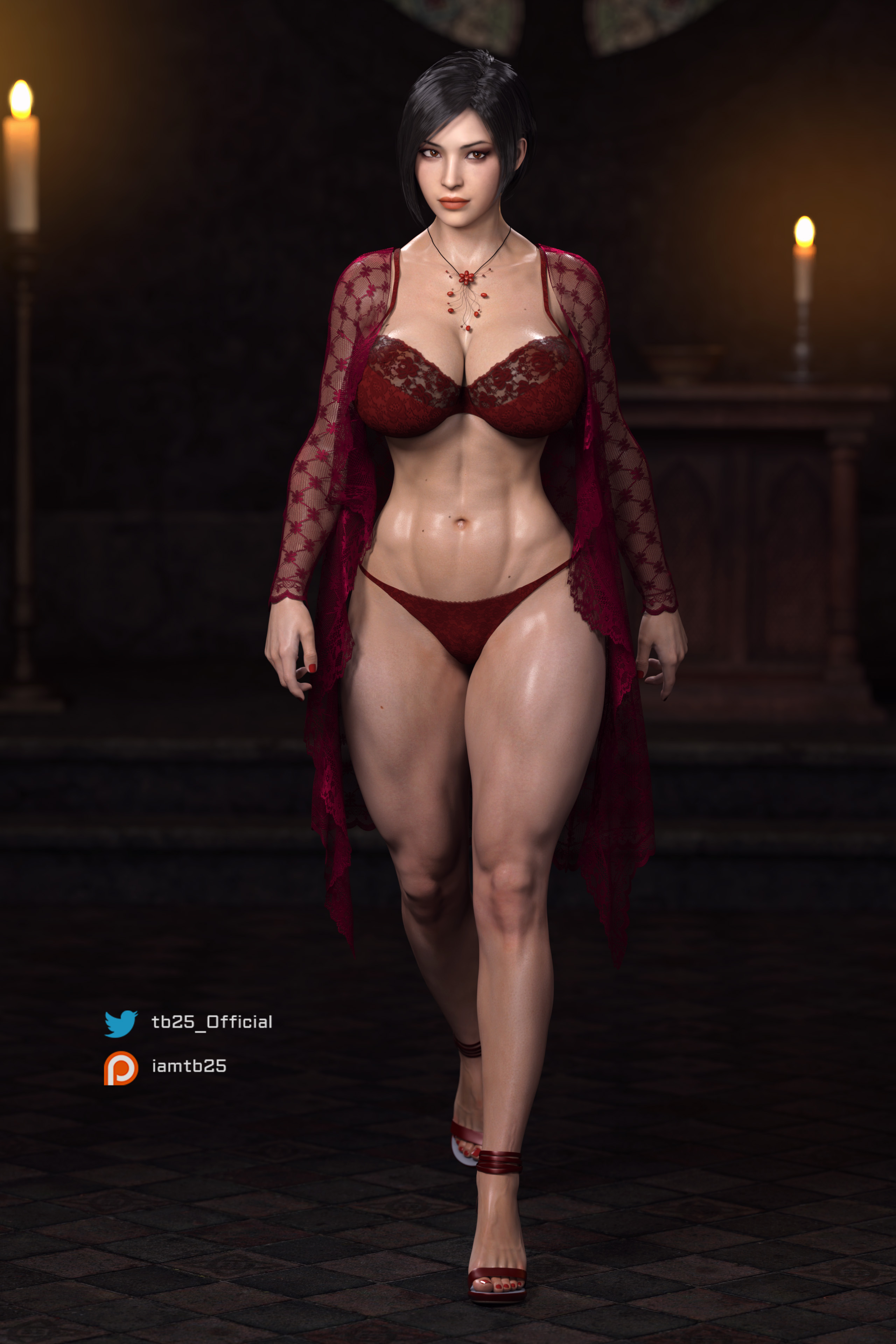 1girls, 3d, abs, ada wong, ada wong (adriana), asian, asian female, big breasts, biohazard, black hair, bra, breasts, capcom, casual, clothing, female, female only, lingerie, matching underwear, pale skin, panties, red bra, red panties, resident evil, resident evil 2, resident evil 2 remake, robe, solo, tb25, thick thighs, wide hips, wristwear